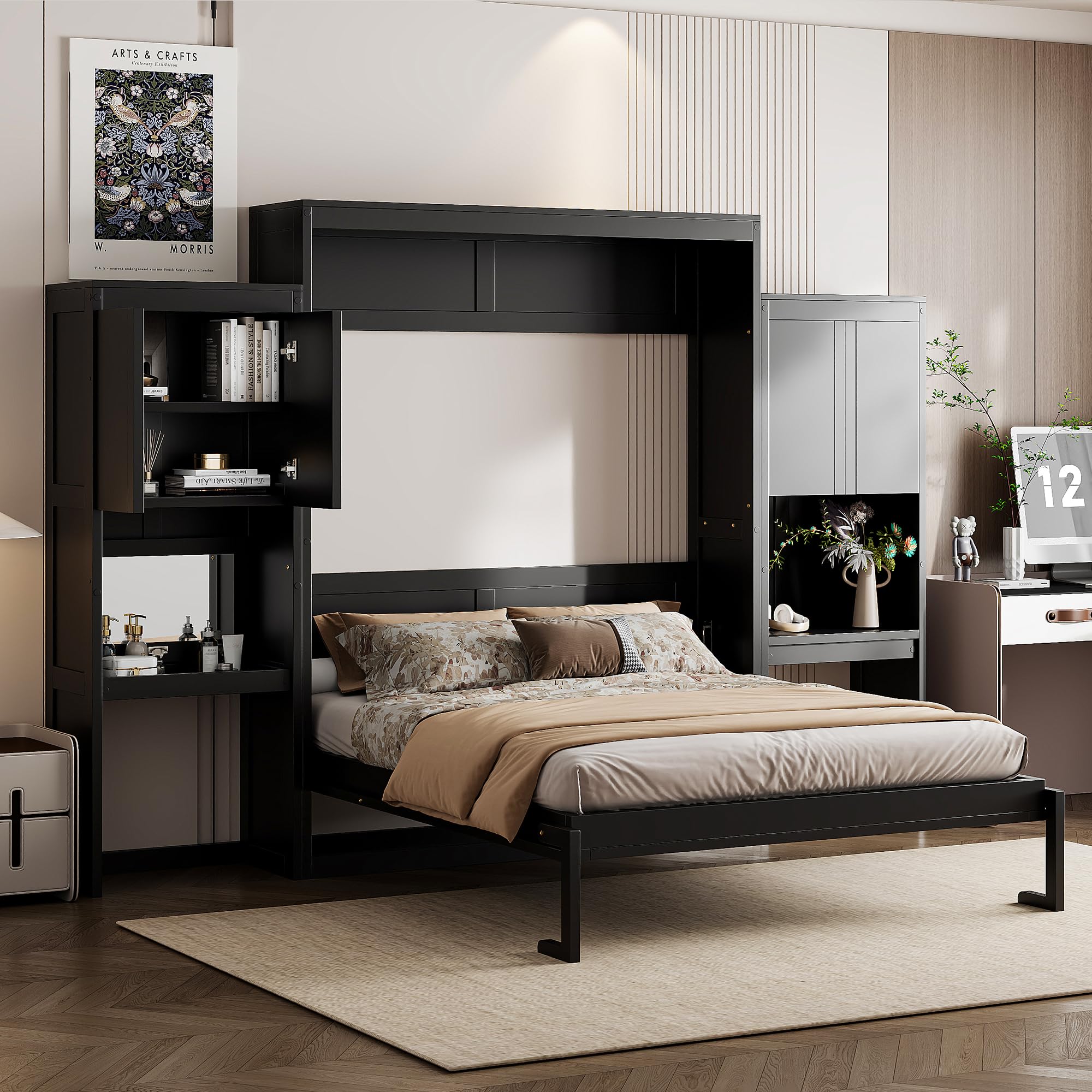 Ball & Cast Murphy Bed Queen Size,Wood Storage Hide Cabinet Wall Beds with Desk and Vanity,Space-Saving Bedroom Furniture w/Cabinets & Mirror,can be Folded for Home Office,Study,Guest Room,Espresso