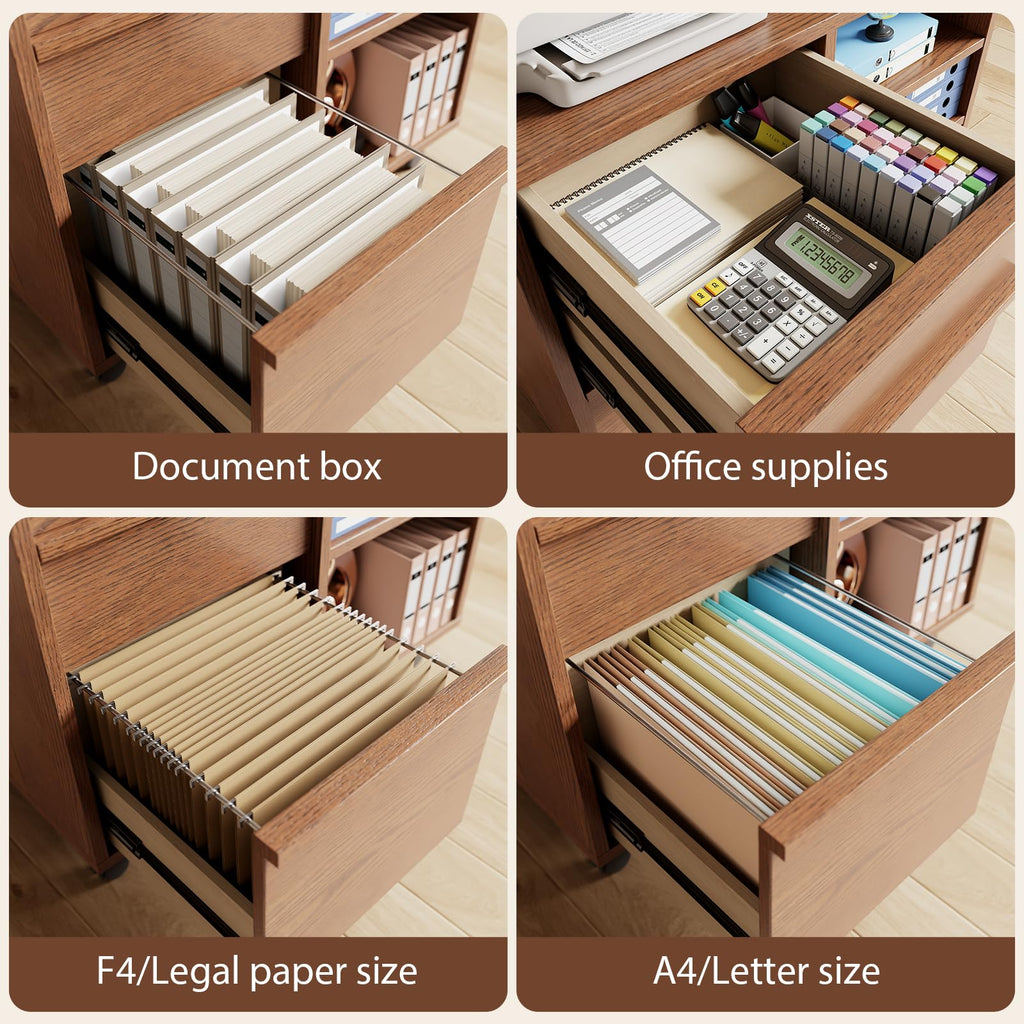 Solid Wood Lateral Filing Cabinet, 3 Drawer Mobile File Cabinet,Stand with Open Shelves,Storage Drawer Cabinet，The cabinet features adjustable steel rods，suitable for home offices,and bedrooms.