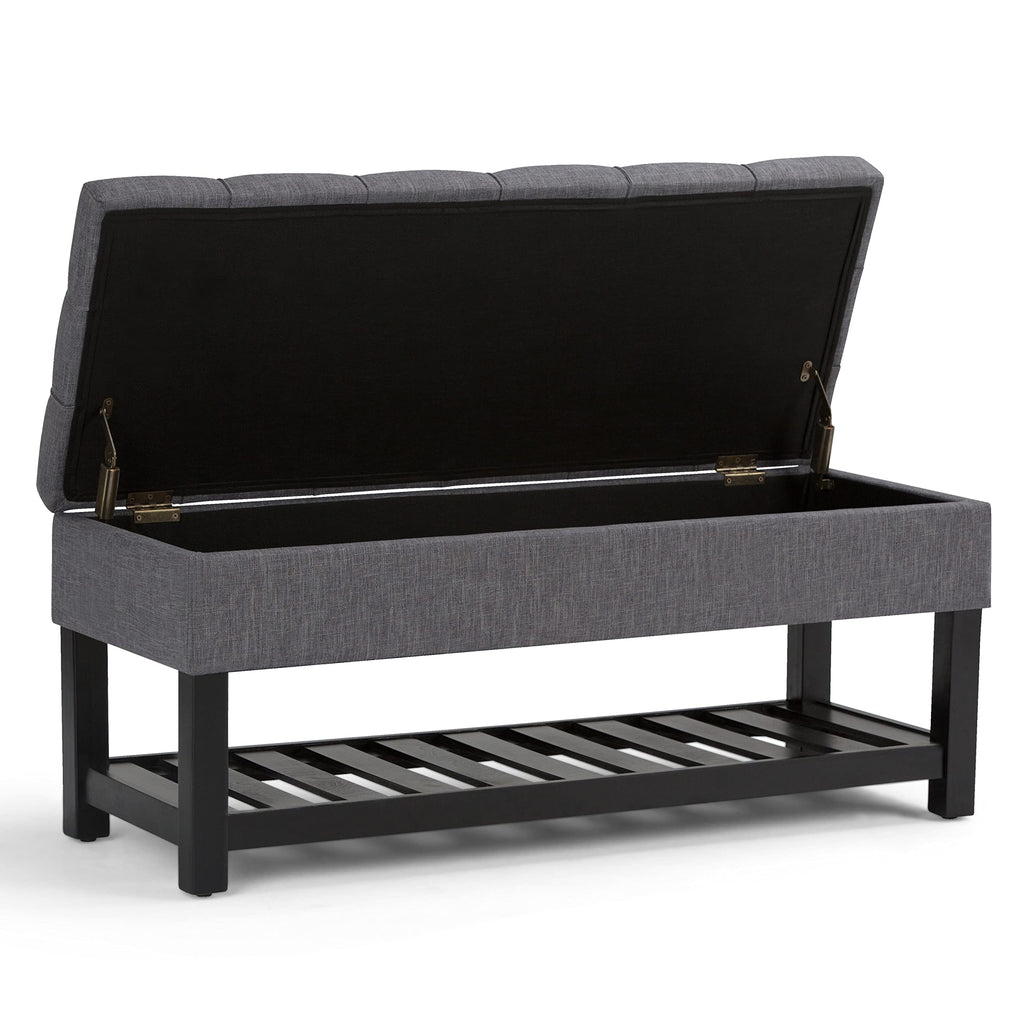 SIMPLIHOME Saxon Storage Ottoman Bench - 43 inch Wide Upholstered Linen Look Fabric Rectangle Storage Ottoman in Slate Grey, Transitional Bench for Bedroom with Tufted Lift-Top and Open Bottom Shelf