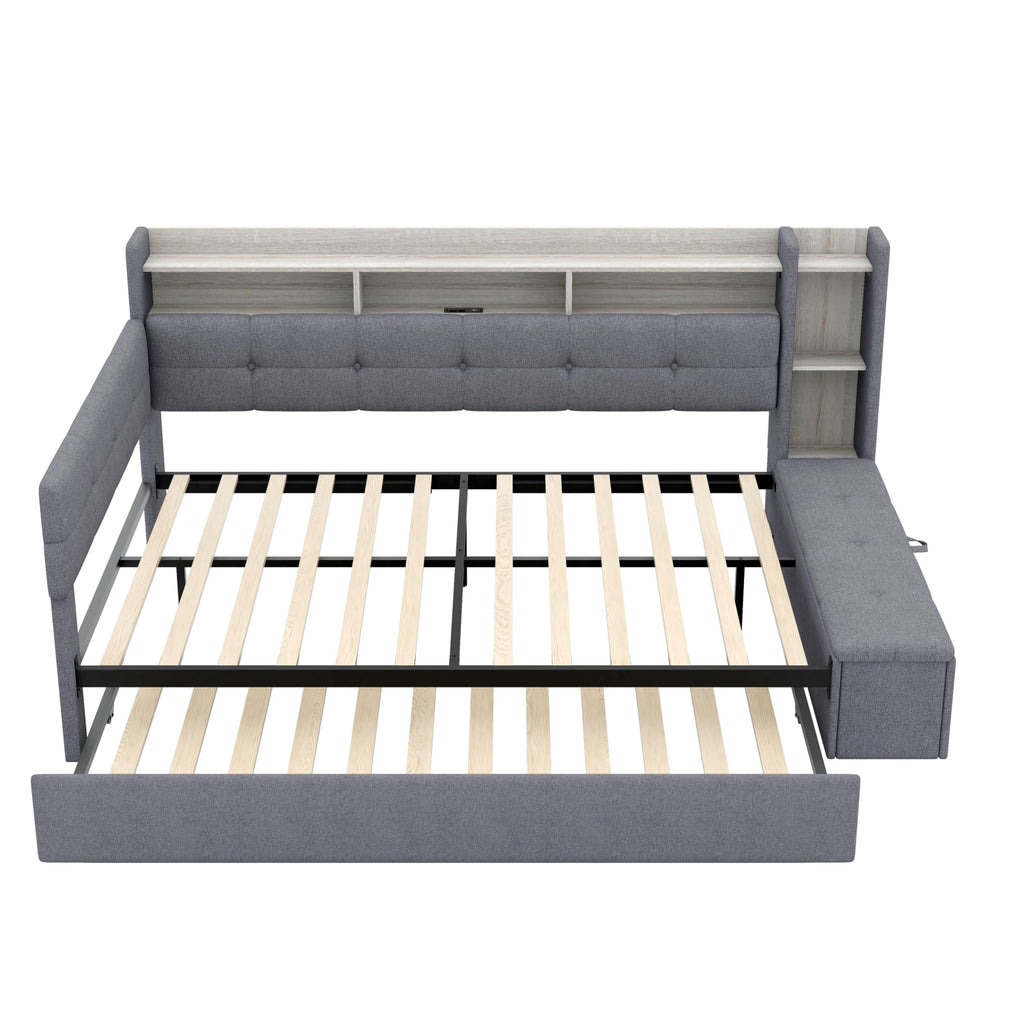 Merax Full Size Upholstered Daybed with Trundle and Storage Drawer, Headboard with Light, Shelves, USB Charging Station, Multi-Functional Bed for Guest Room, Living Room, No Box Spring Needed, Gray