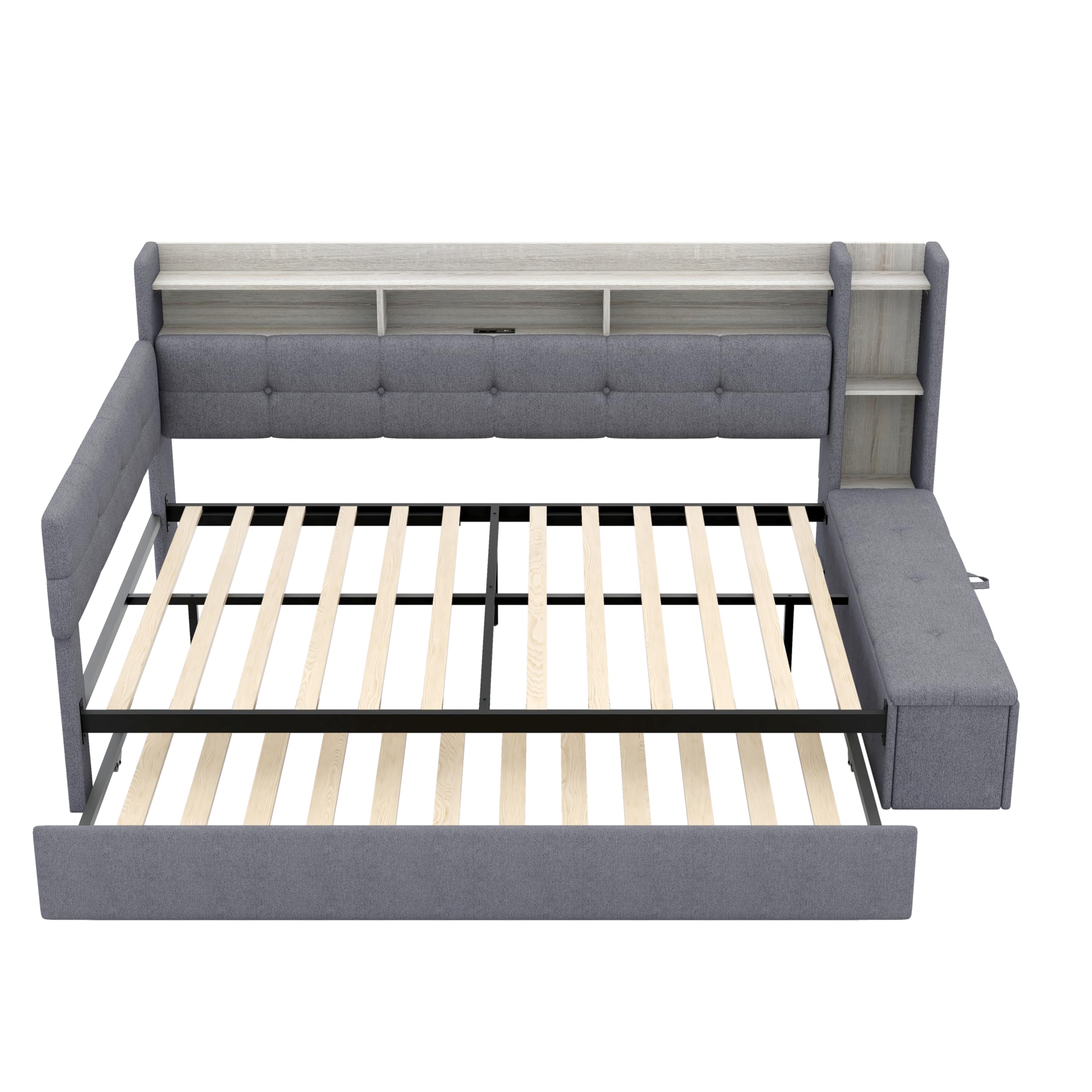 Merax Full Size Upholstered Daybed with Trundle and Storage Drawer, Headboard with Light, Shelves, USB Charging Station, Multi-Functional Bed for Guest Room, Living Room, No Box Spring Needed, Gray