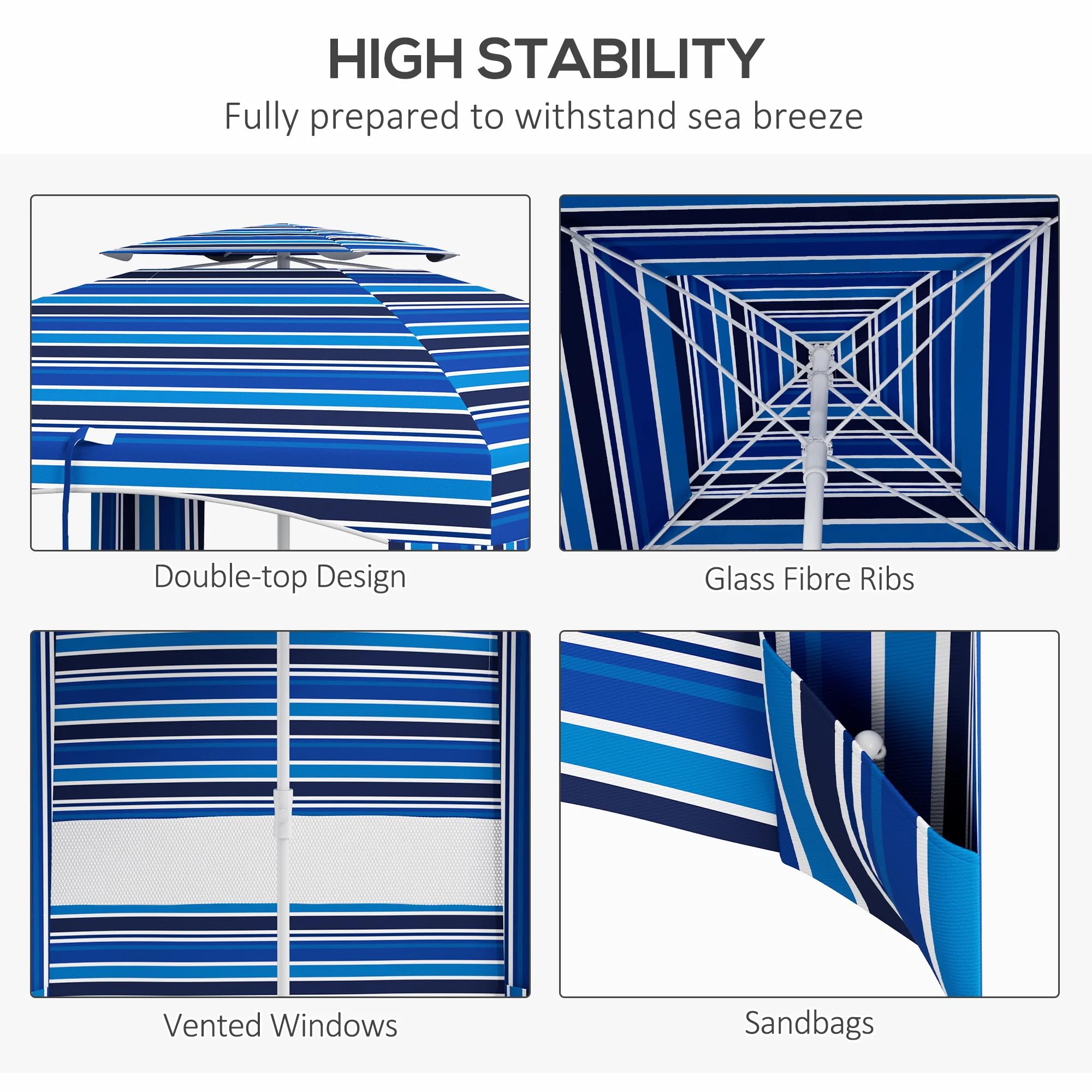 leoglint 5.8' x 5.8' Portable Beach Outdoor Umbrella with Double-Top, Ruffled Outdoor Cabana with Walls, Vents, Sandbags, Carry Bag, Blue Stripe