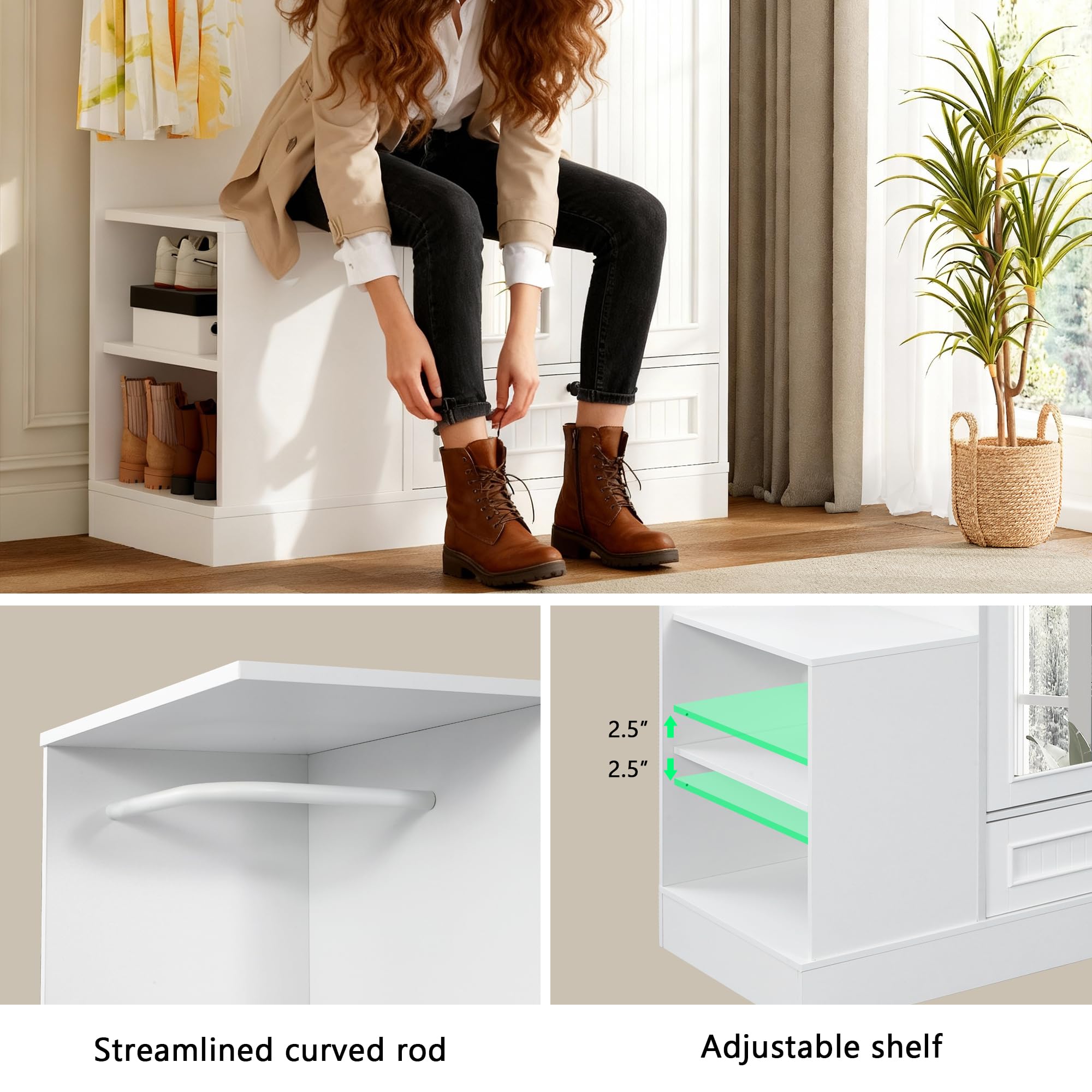Feonase Armoire Wardrobe Closet with Mirror, Bedroom Armoires with 2 Doors, 1 Drawers and 3 Shelves, Large Clothing Storage Cabinet for Hanging Clothes, White