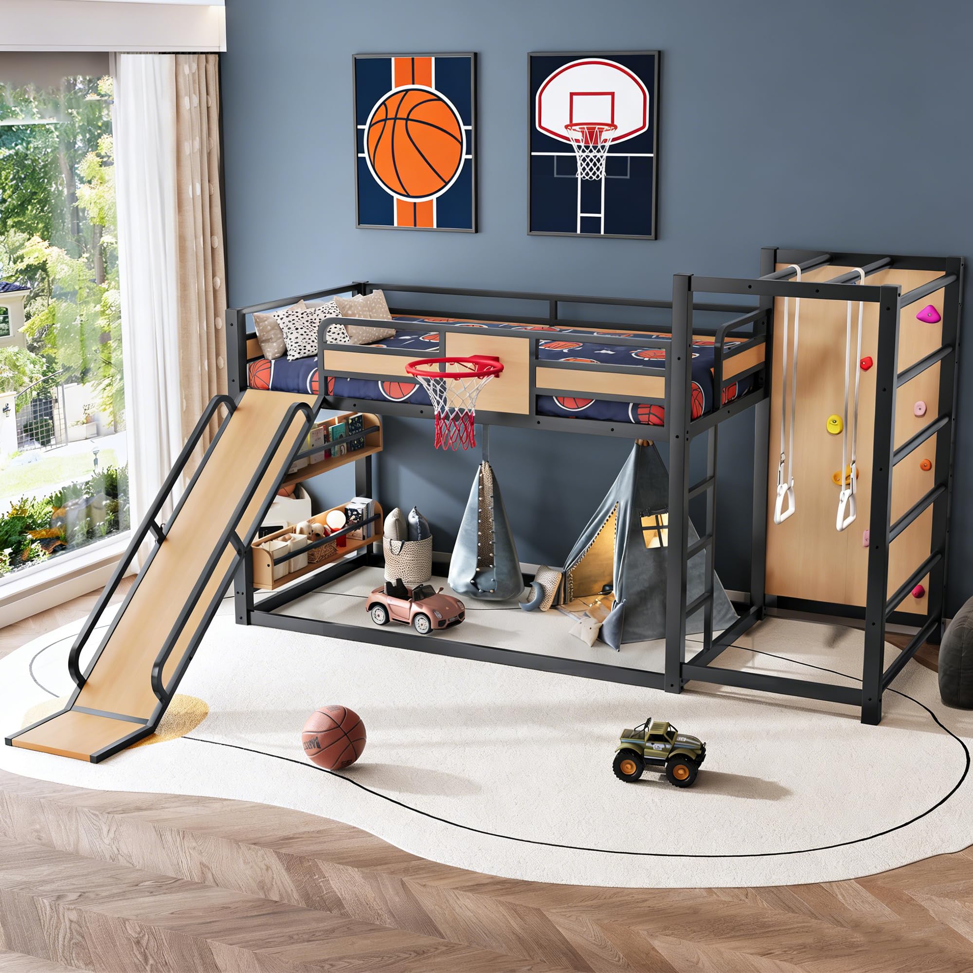 Bellemave Metal Twin Over Twin Bunk Bed Frame with Slide,Twin Size Floor Bunk Bed and Basketball Hoop,Pull-up Rings and Climbing Wall,Heavy Duty Bunk Beds with Bookshelves for Kids Girls Boys,Natural
