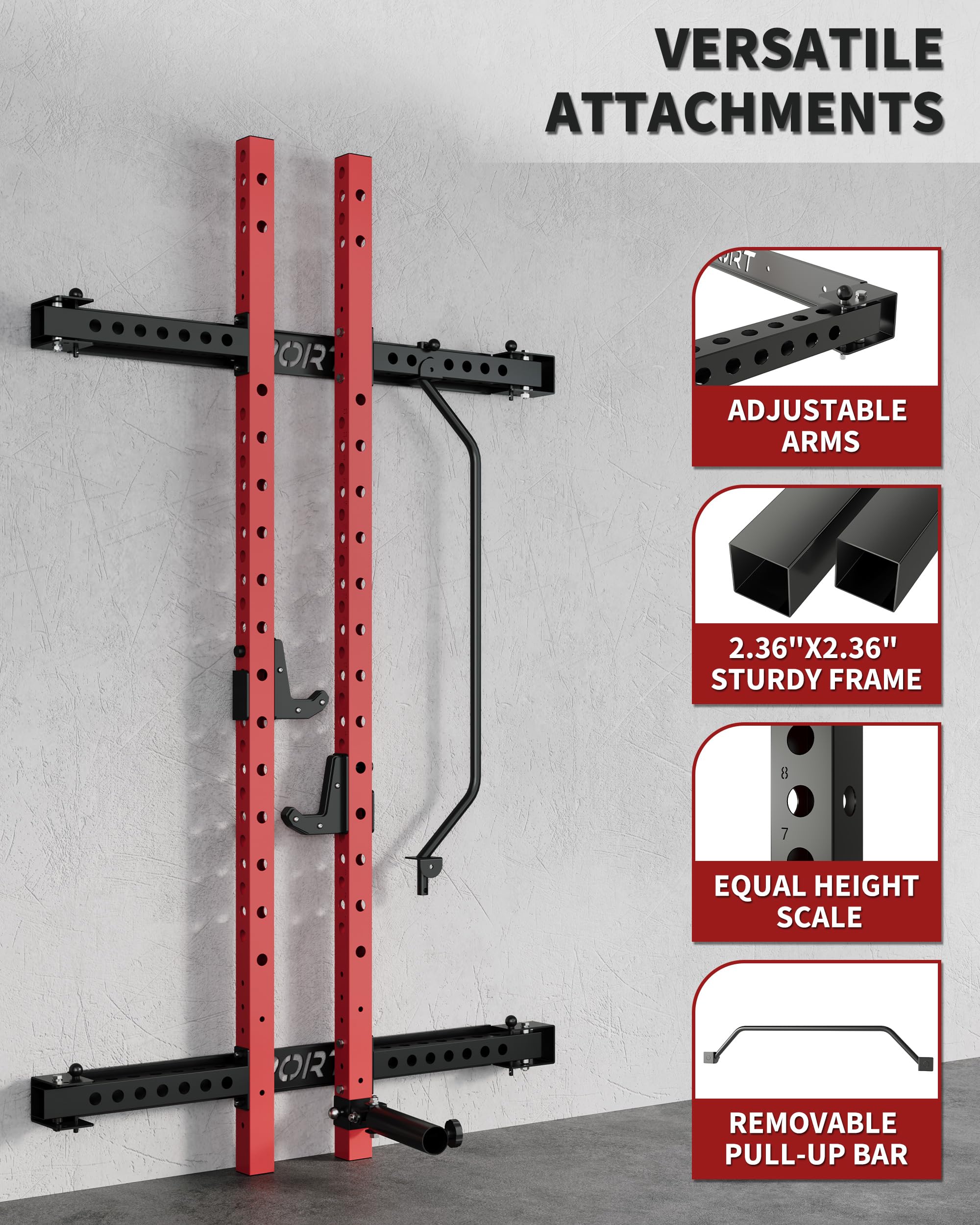 PeacefulHues Folding Wall Mounted Squat Rack, 1000 Pounds Capacity Power Rack with Pull Up Bar, J Hooks and Other Attachments, Space Saving Multi-Functional Power Cage for Home Gym
