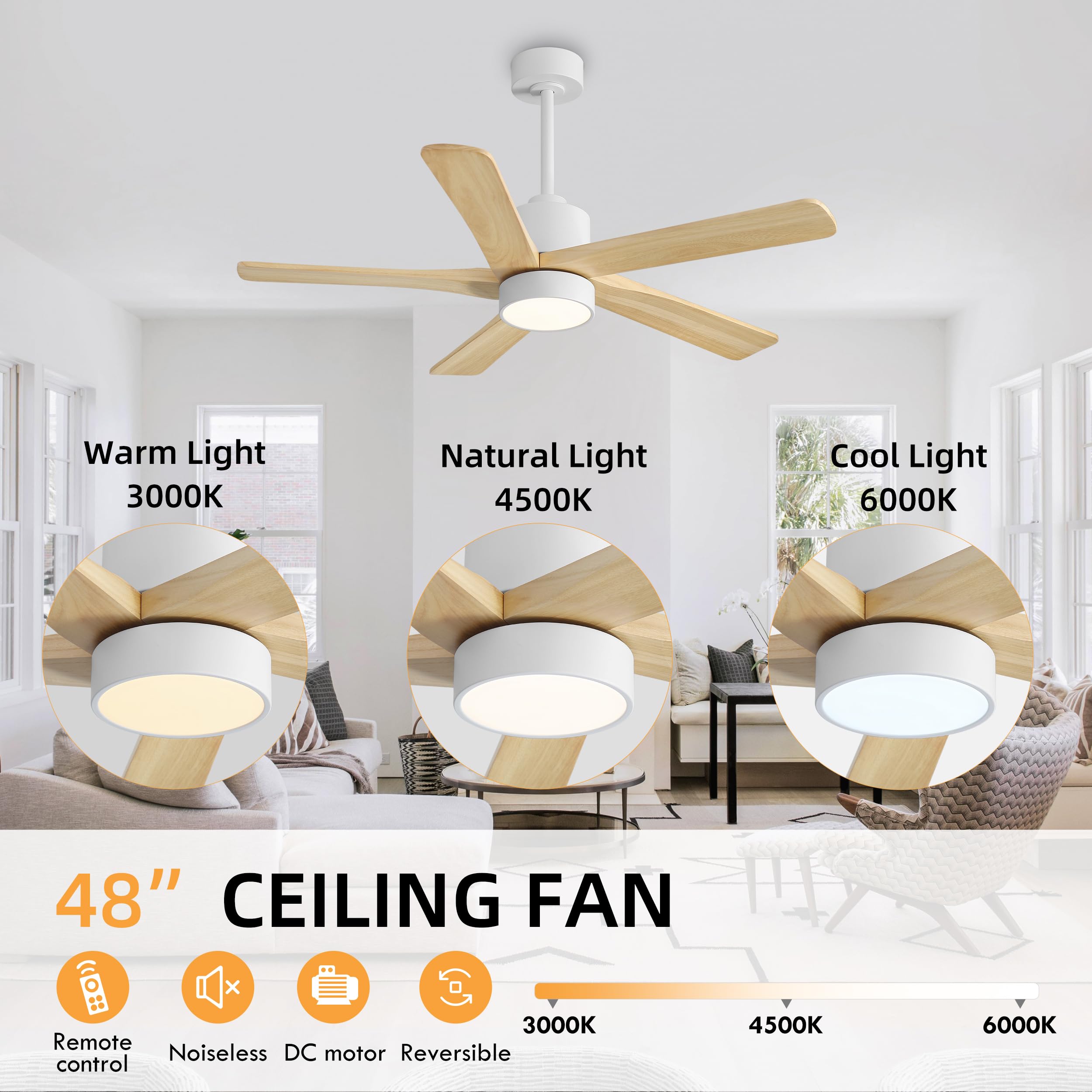 WINGBO 48 Inch DC Ceiling Fan with Lights and Remote Control, 5 Carved Solid Wood Blades, 6-Speed Noiseless Reversible DC Motor, Indoor Ceiling Fan in Gloss White Finish with Oak Blades