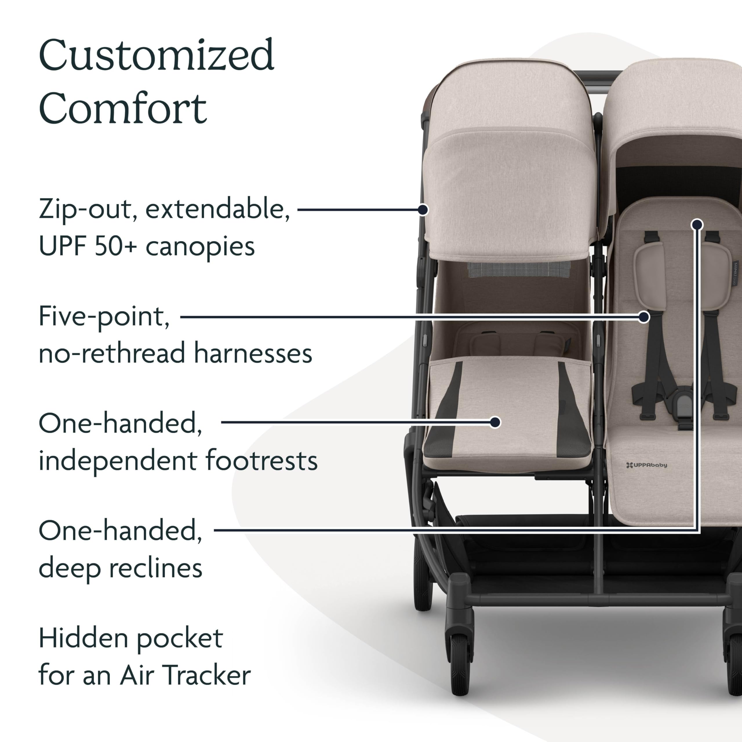 UPPAbaby Minu Duo Side-by-Side Double Stroller - Lightweight + Compact Design for Travel - Easy Fold- from Birth to Toddler - Independent Recline -Ada (Sandstone/Carbon Frame/Chestnut Leather)