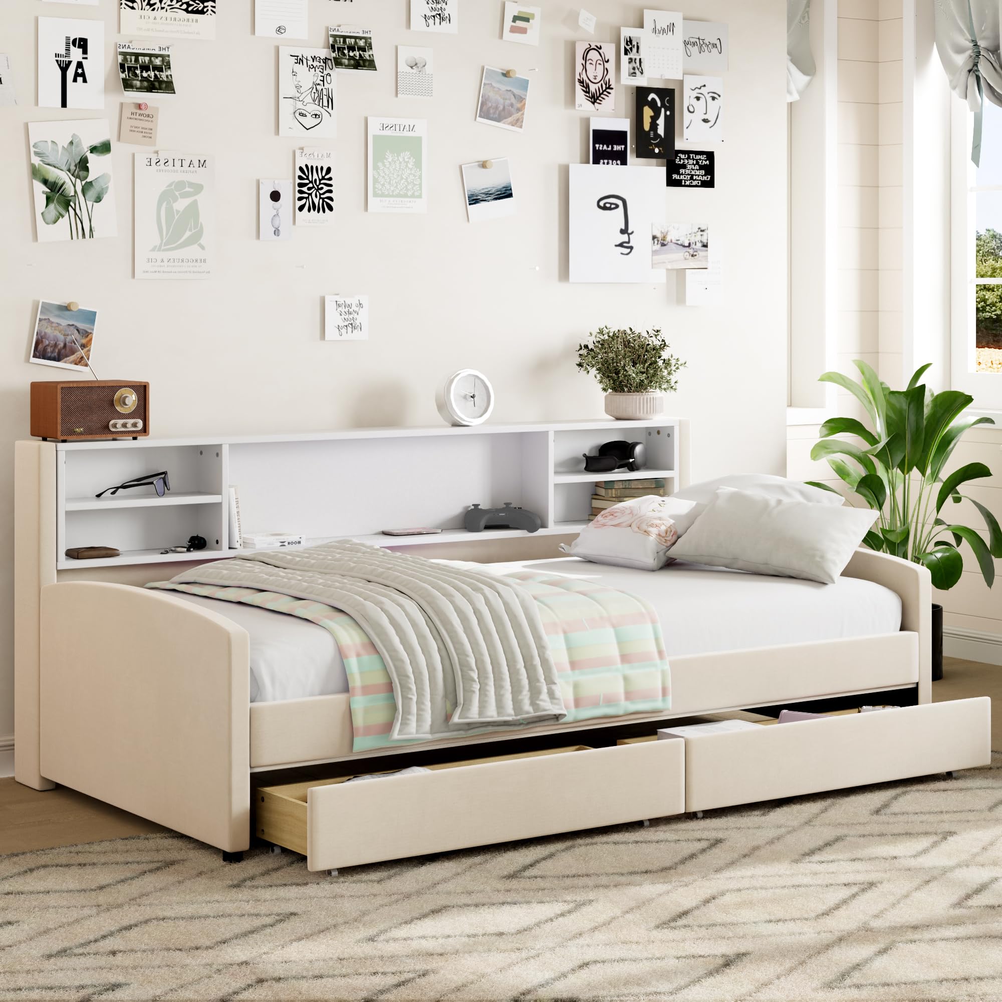 Merax Twin Size Upholstered Platform Bed with Storage and Drawers, Beige