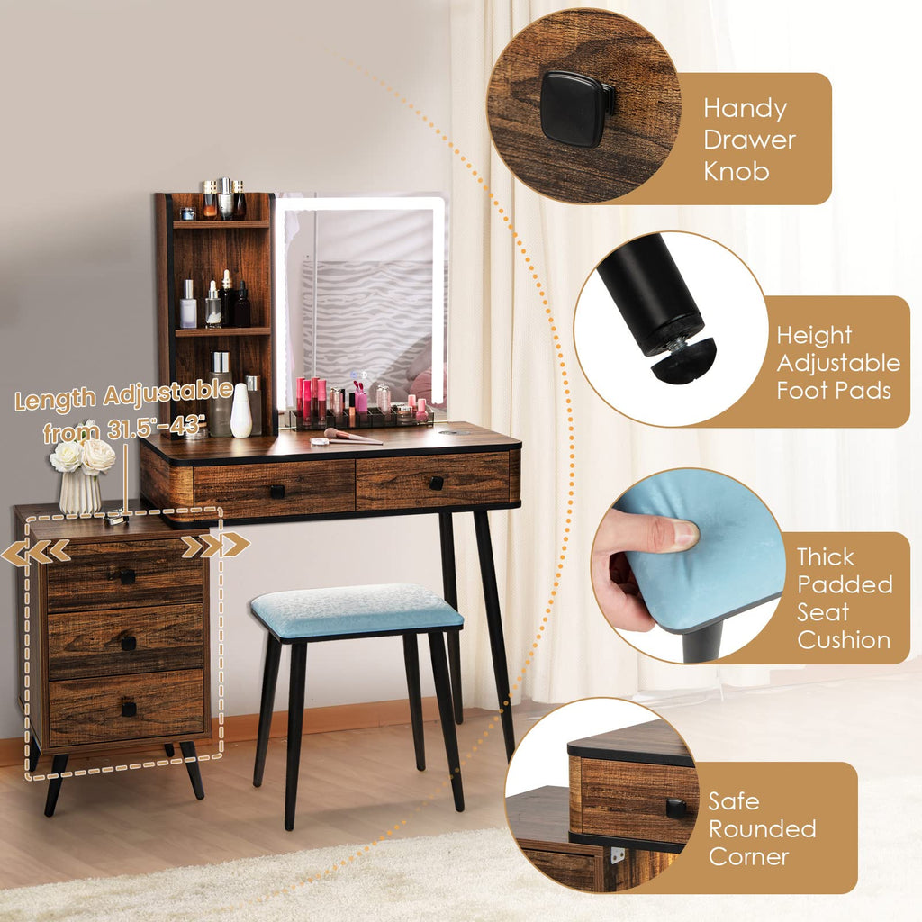 CHARMAID Makeup Vanity Table with Large Lighted Mirror, 3 Lighting Sets, Human Body Induction, Side Cabinet, 2 Drawers, Storage Shelves, Cosmetic Tray, Dressing Vanity Desk with Stool
