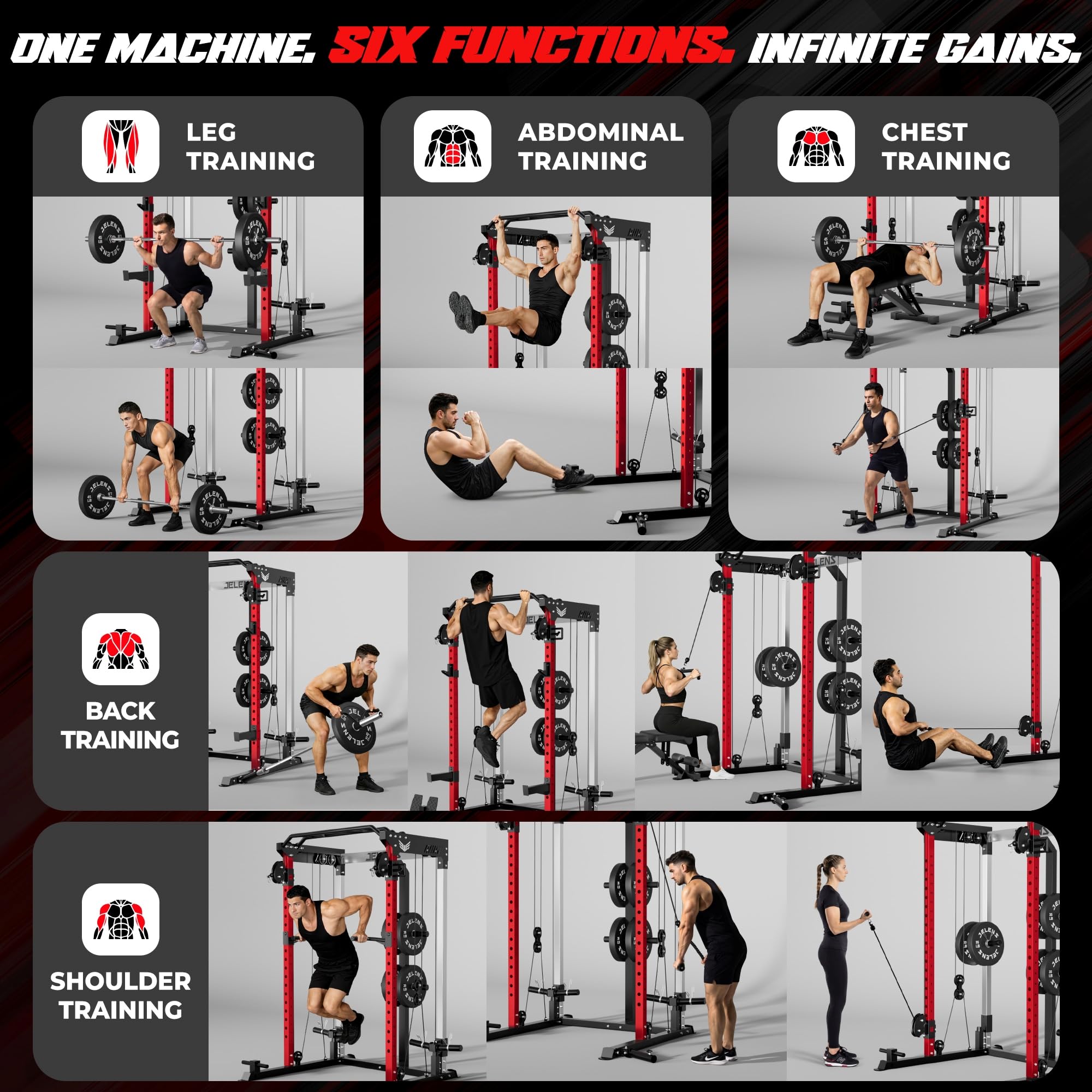 JELENS C21 Power Cage, 2000LBS Multi-Function Power Rack with Independent Dual Pulley System, All-in-One Squat Rack for Cable Crossover, Home Gym Workout Machine (Red,140LBS Black)
