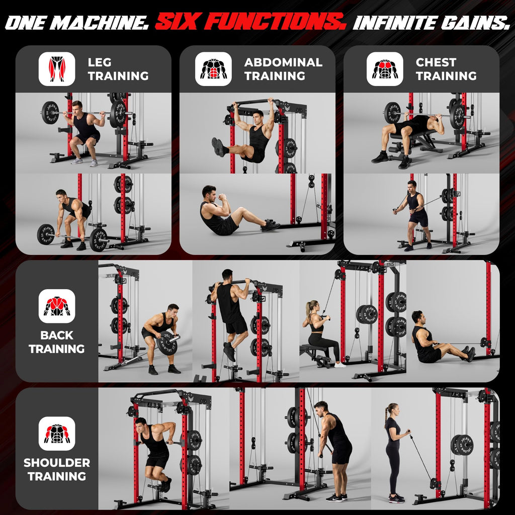 JELENS C21 Power Cage, 2000LBS Multi-Function Power Rack with Independent Dual Pulley System, All-in-One Squat Rack for Cable Crossover, Home Gym Workout Machine (Red, 370LBS Black)