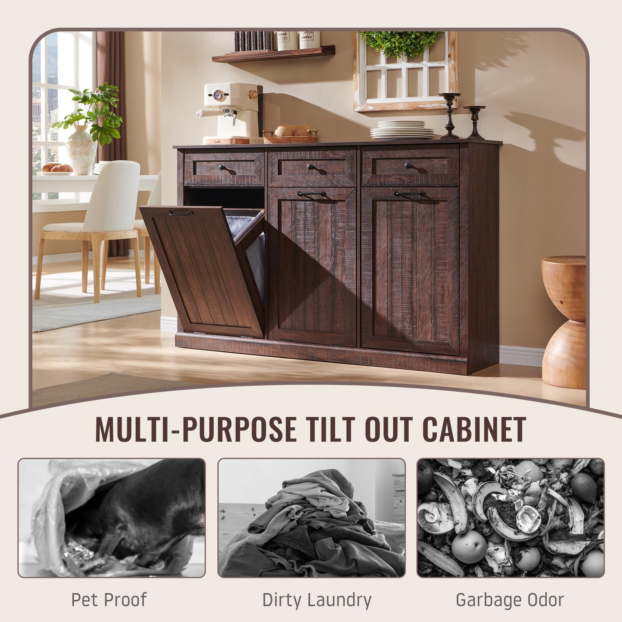 IFBUY Triple Tilt Out Laundry Hamper Cabinet, 20 Gallon Farmhouse Trash Can Cabinet w/Drawer & Adjustable Shelf, Hidden Garbage Can Bin Cabinets w/Laundry Basket for Bathroom, Kitchen (Brown)