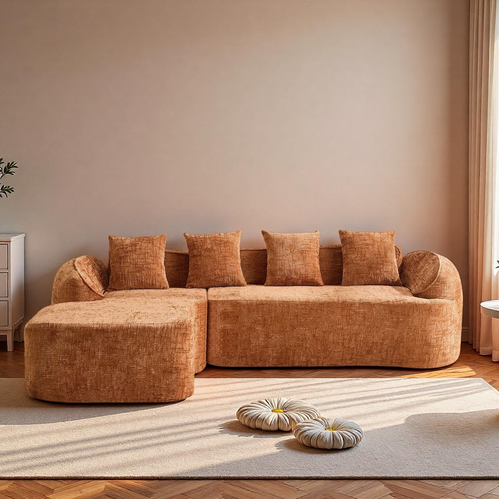 Trygoal L Shaped Compression Sofa, Modular Couch with Curved Armrests & 4 Coordinating Pillows, Modern 101'' Chenille 4 Seater Sofa with Wide Seat for Living Room, Bedroom, No Assembly, Orange