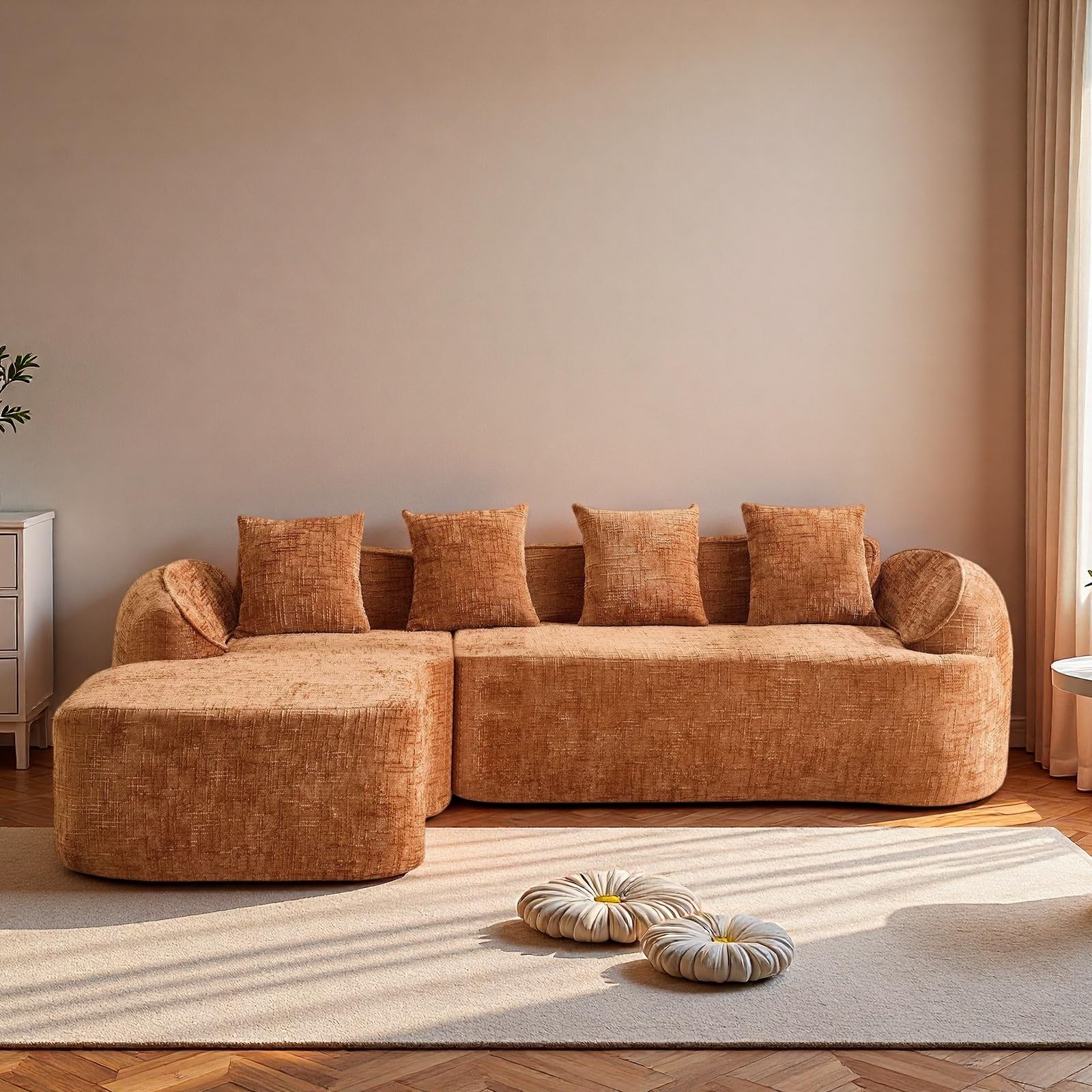 Trygoal L Shaped Compression Sofa, Modular Couch with Curved Armrests & 4 Coordinating Pillows, Modern 101'' Chenille 4 Seater Sofa with Wide Seat for Living Room, Bedroom, No Assembly, Orange