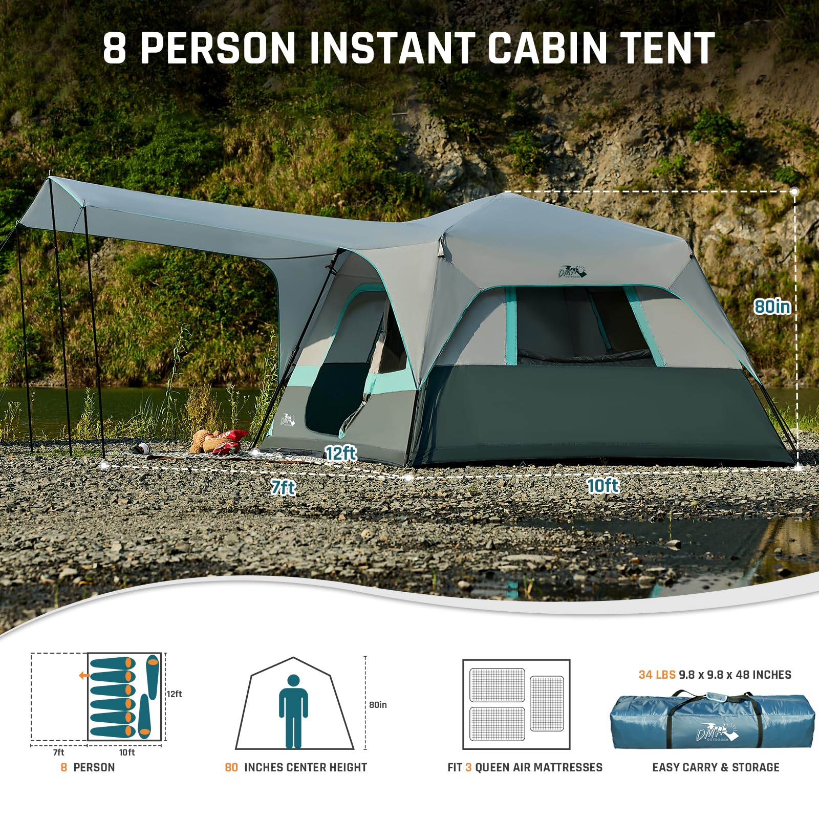 Camping Tent, Instant Cabin Tents for Camping, 8-Person Family Tent, Easy Setup in 60 Seconds with Porch, Large Waterproof Tents for Outdoor Camping, 5 Mesh Windows, Upgraded Ventilation (Green)