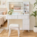 Merax Makeup Vanity Desk with Mirror and Lights, Vanity Table and Stool Set with Drawer & Movable Side Cabinet, White Dressing Table for Bedroom with LED Mirror Stepless Dimmable & 3 Color Modes
