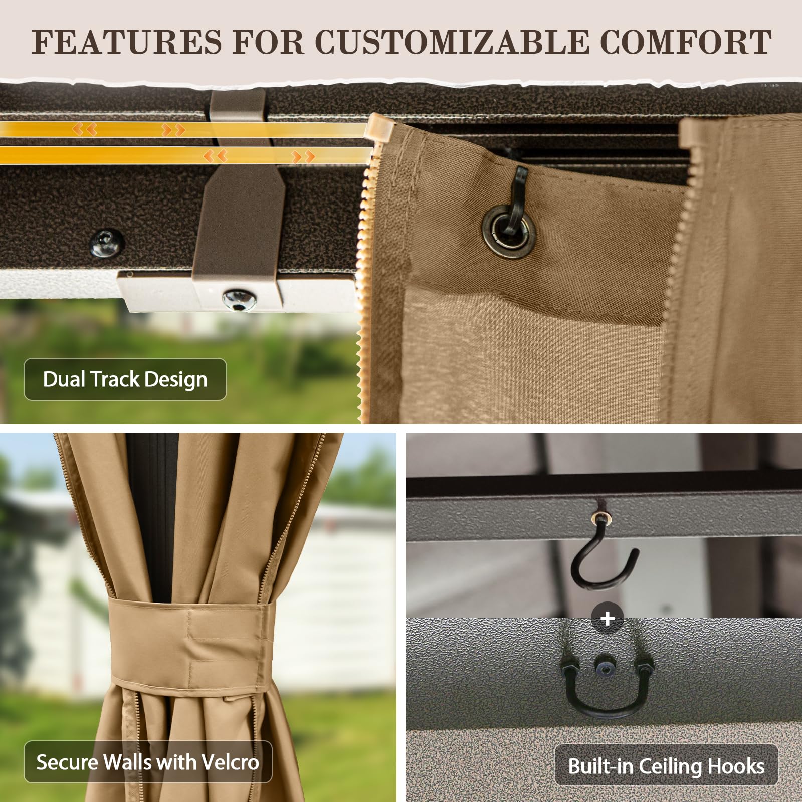 EAGLE PEAK 12x18 Hardtop Gazebo, Galvanized Steel Double Roof with Aluminum Frame, Outdoor Pavilion with Netting and Curtains for Patio, Deck, Lawn and Garden, Dark Brown/Tan