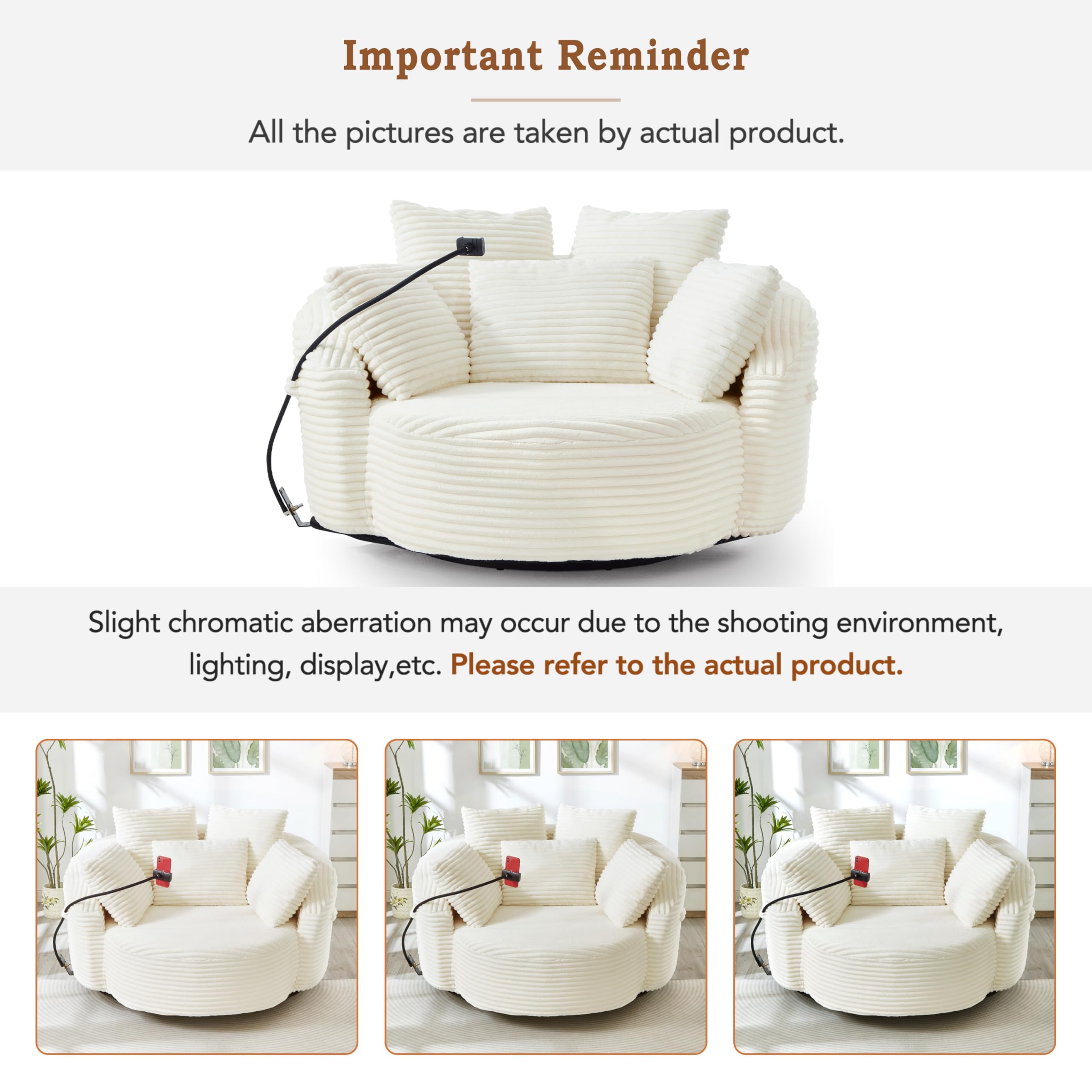 ERYE 360° Swivel Accent Barrel Chair Round Sofa Chaise with 5 Pillows and Adjustable Phone Holder, Modern Round Lazy Armchair for Living Room, Bedroom, Office and Hotel