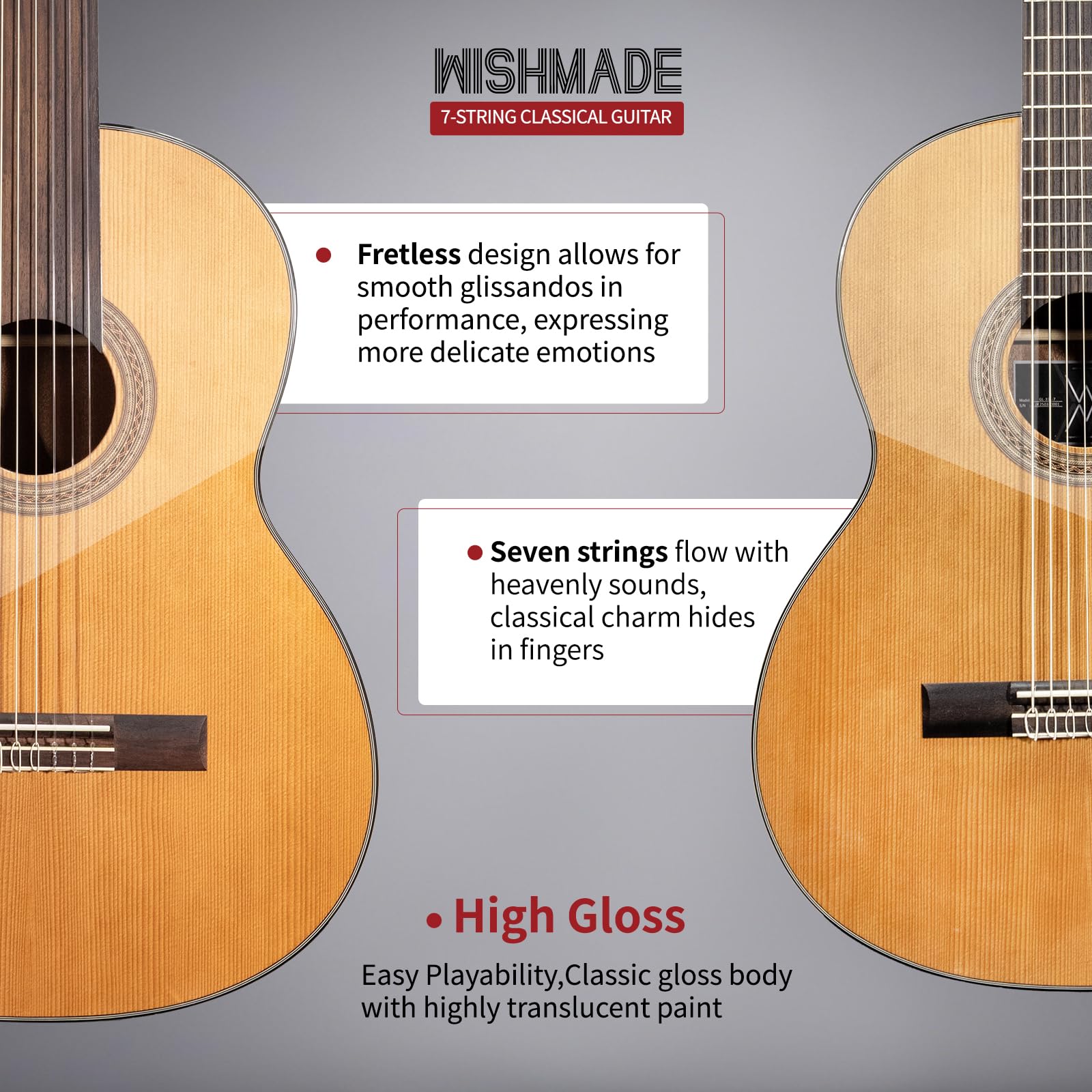 WishMade 7 String Acoustic Classical Guitar Full Size Nylon String Guitars for Adults with Gig Bag