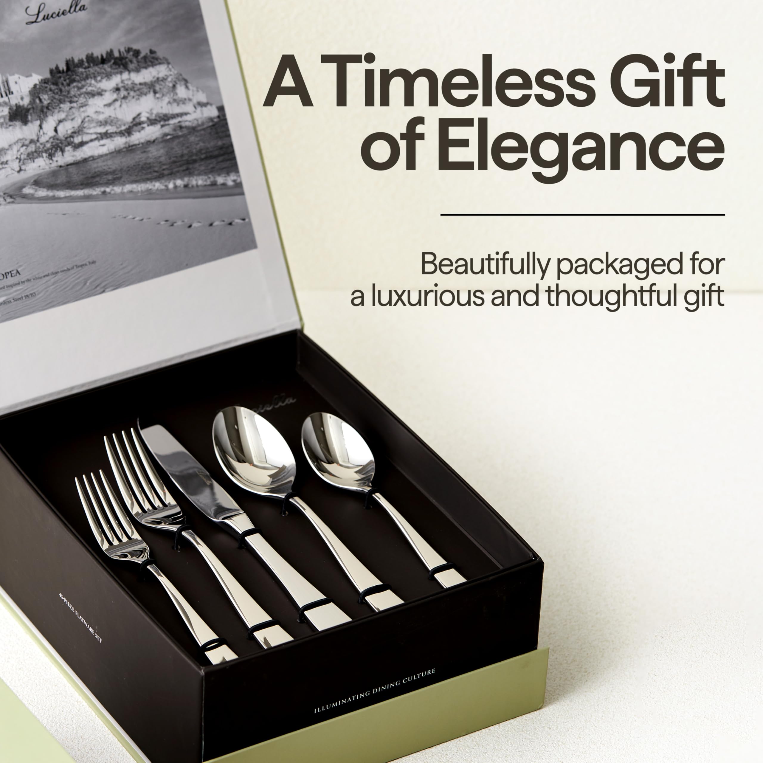 Luciella Tropea Flatware Set for 12, 65-Piece Premium 18/10 Stainless Steel Silverware Set with Serving Utensils, Modern Mirror Finish, Rust Resistant, Dishwasher Safe, House Warming Gifts New Home