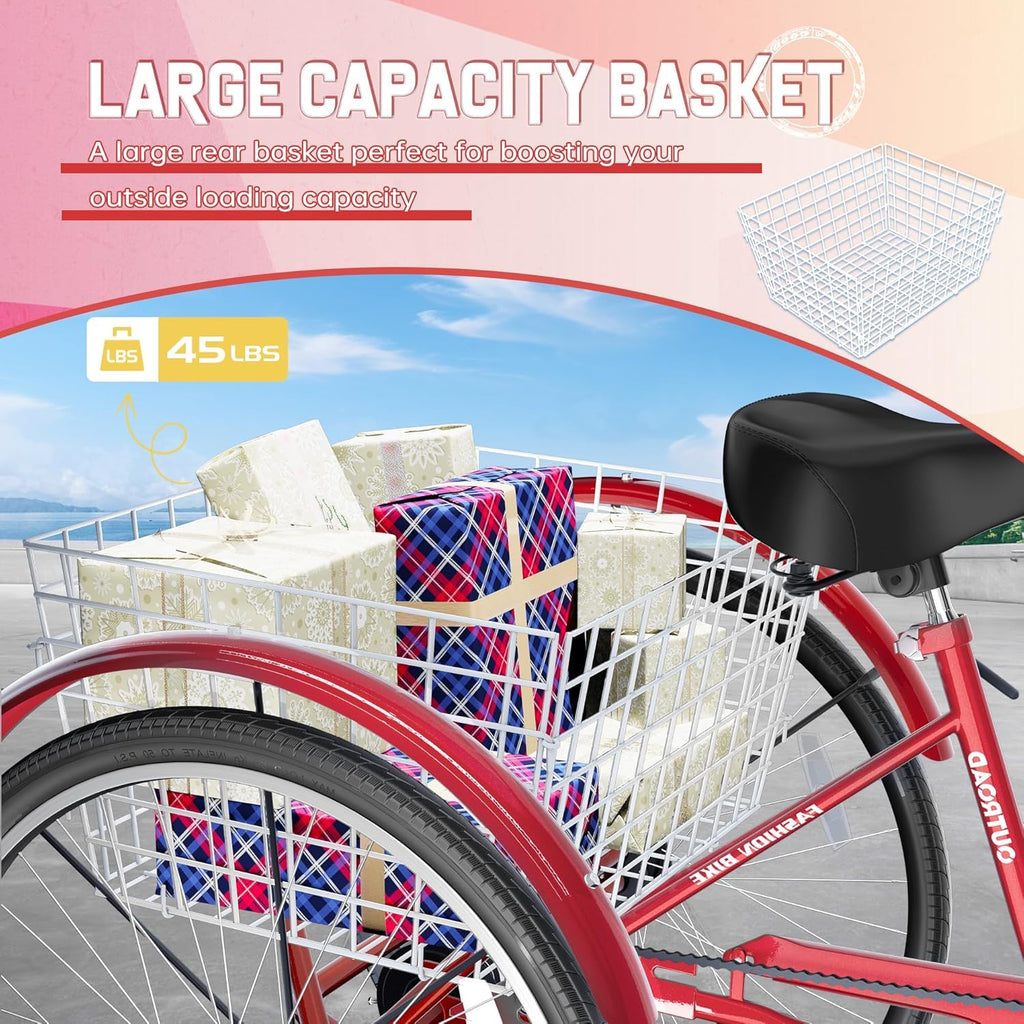 Brightpeak 24-Inch Adult Tricycle with 7 Speeds & Large Rear Basket, Perfect for Seniors & Leisurely Outings (Red)