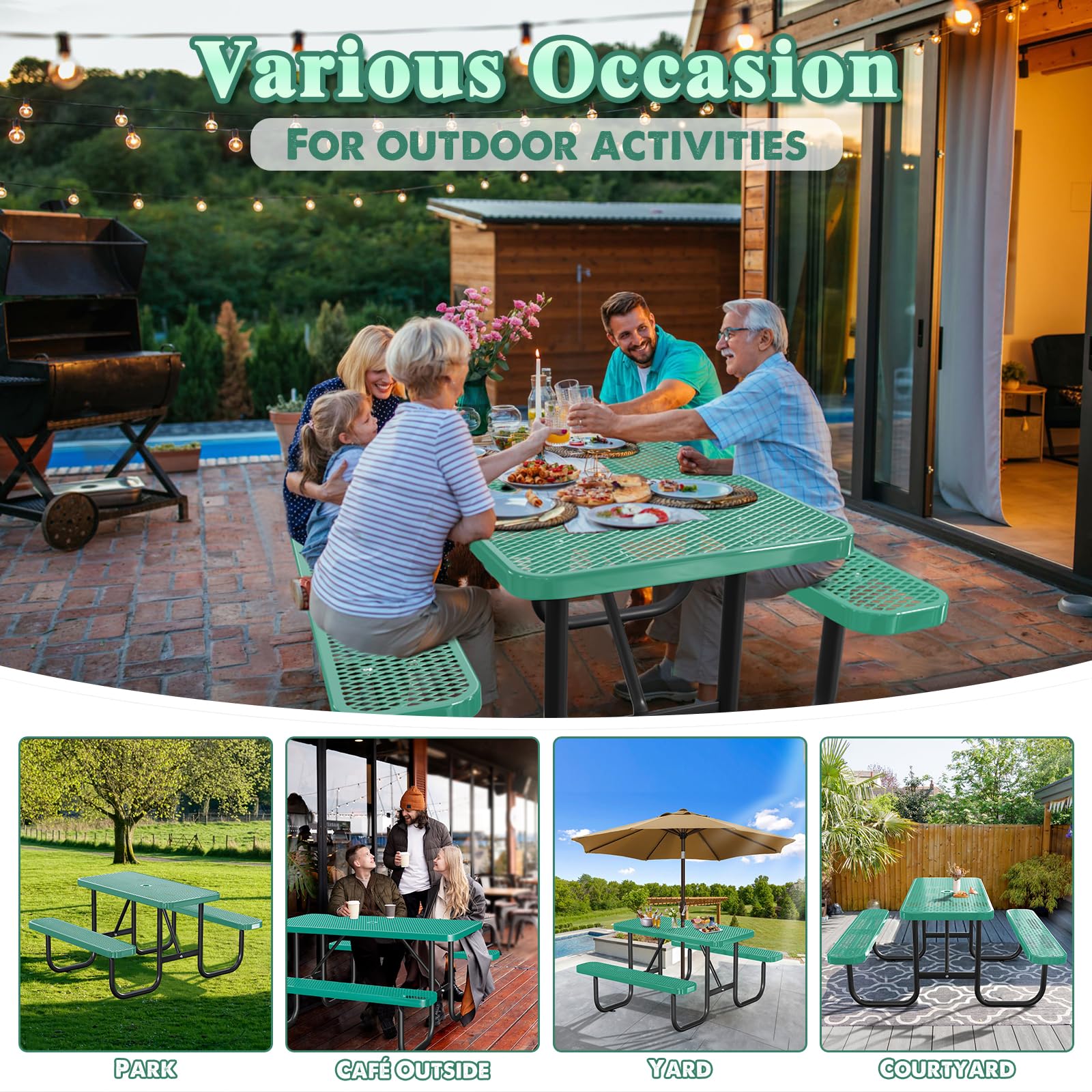 Gaonala 4FT/48IN Heavy Duty Outdoor Picnic Table and 2 Benches for 2-6 People, Weather Resistant Rectangular Steel Picnic Table Set with Umbrella Hole for Yard Patio Lawn Party Green