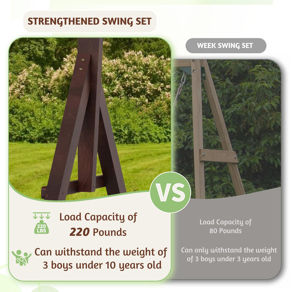 HOMMOW Wooden Swing Set with Wave Slide, Clubhouse, Playhouse, Snack Bar Window, Picnic Table and Chair, 2 Belt Swings, Trapeze, Full Front Door, Windows, Step Ladder, for Backyard