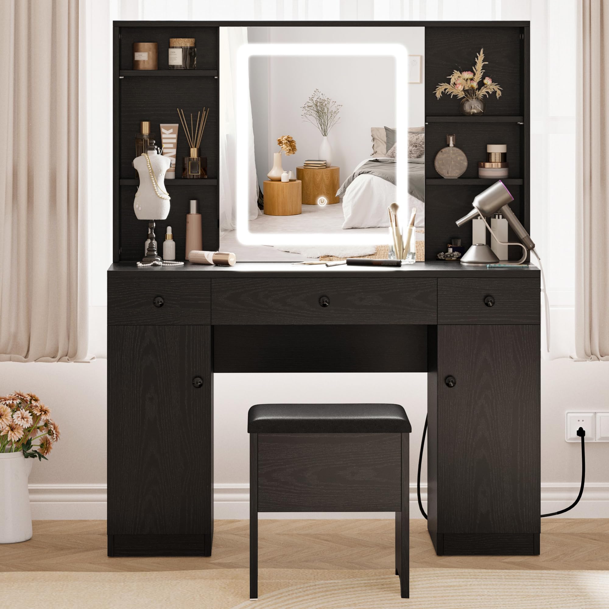 IRONCK Vanity Desk Set with Large LED Lighted Mirror & Power Outlet, 7 Drawers Vanities Dressing Makeup Table with Storage Bench, for Bedroom, Industrial Style Black