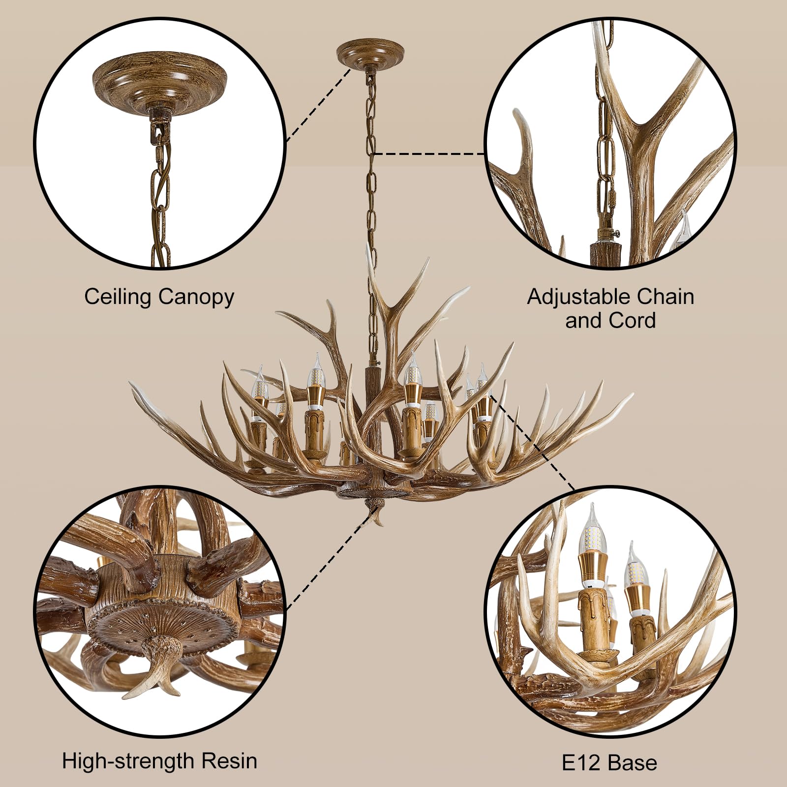 LUJIAODS Antlers Chandelier 8 Light,Deer Chandelier Fixtures,Rustic Farmhouse Horn Antler Lighting for Living Room Bedroom Dining Room Kitchen Cafes,Bars,Kitchen Foyer(8 Lamp Arms+ 3 Arms)