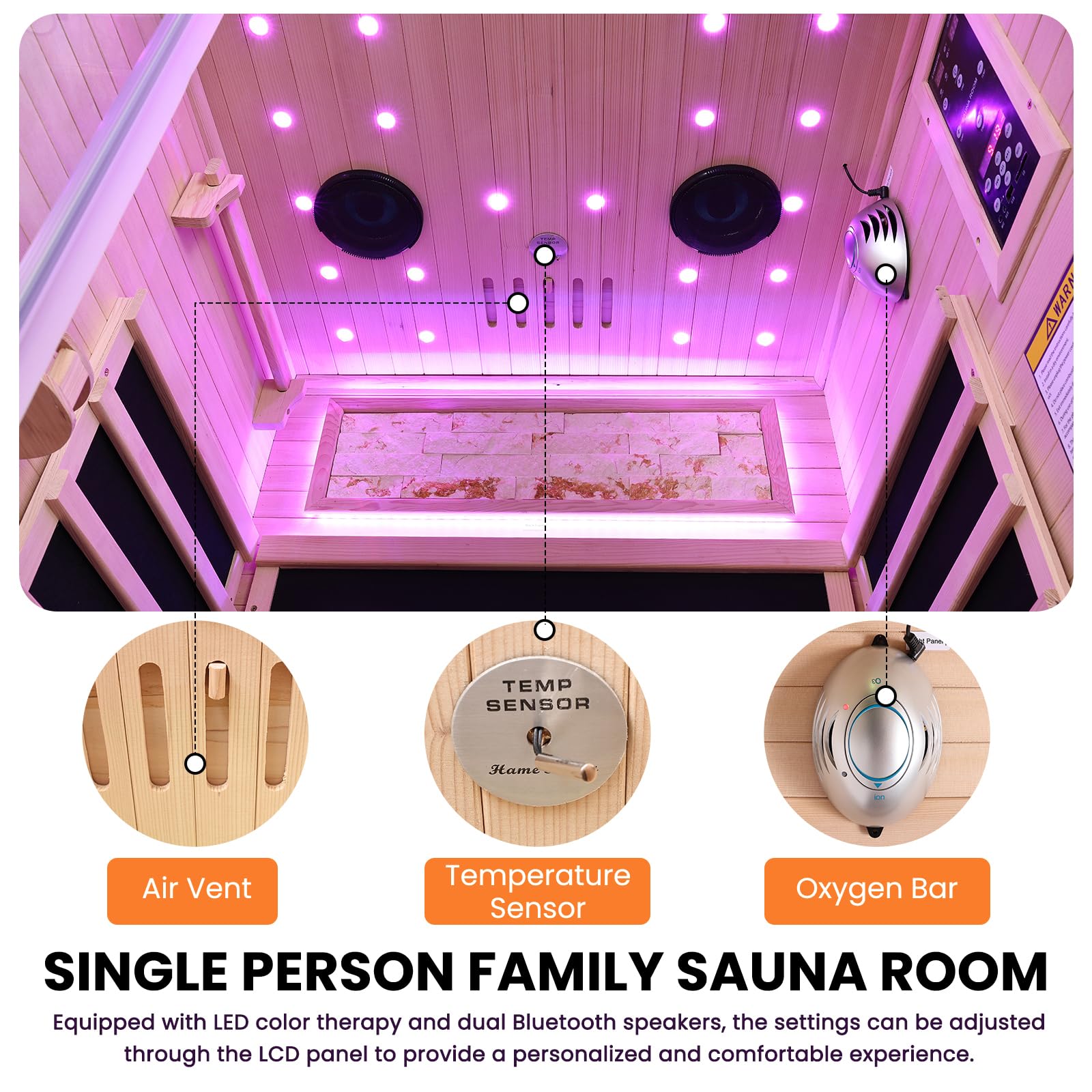 OUTEXER One Person Sauna Far Infrared Saunas Room Canadian Hemlock 1450W Dry Saunas Spa with 7 Starry Sky Light 35.4 * 35.4 * 70.8inch