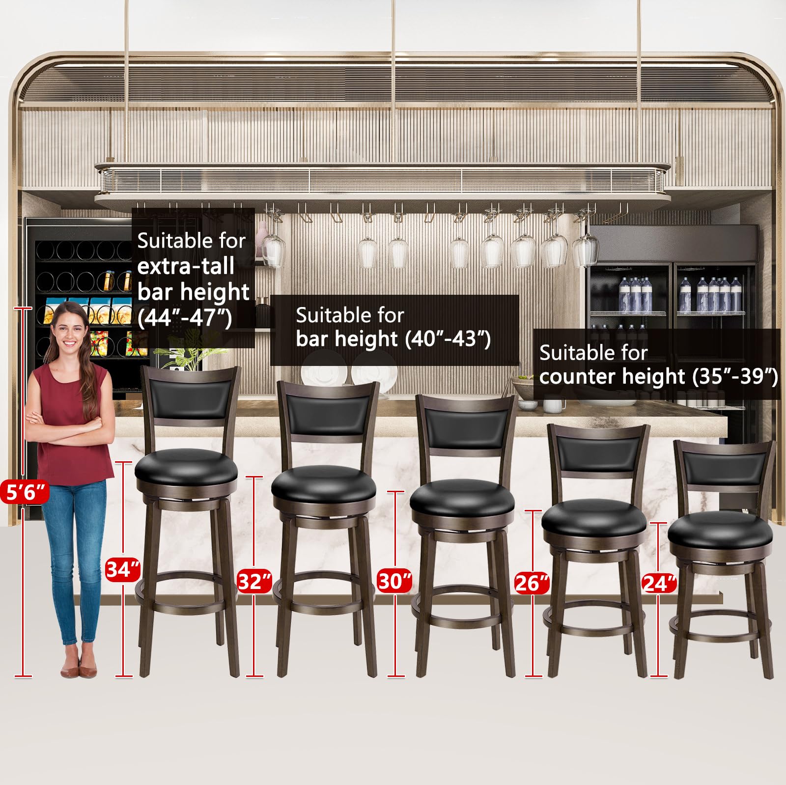 PrimeZone Swivel Bar Stools Set of 4, 24 Inch Counter Height Barstools, Black Faux Leather Bar Stool with High Backrest & Solid Wood Leg & Wrap-Around Footrest, Counter Stools for Kitchen Island, Pub