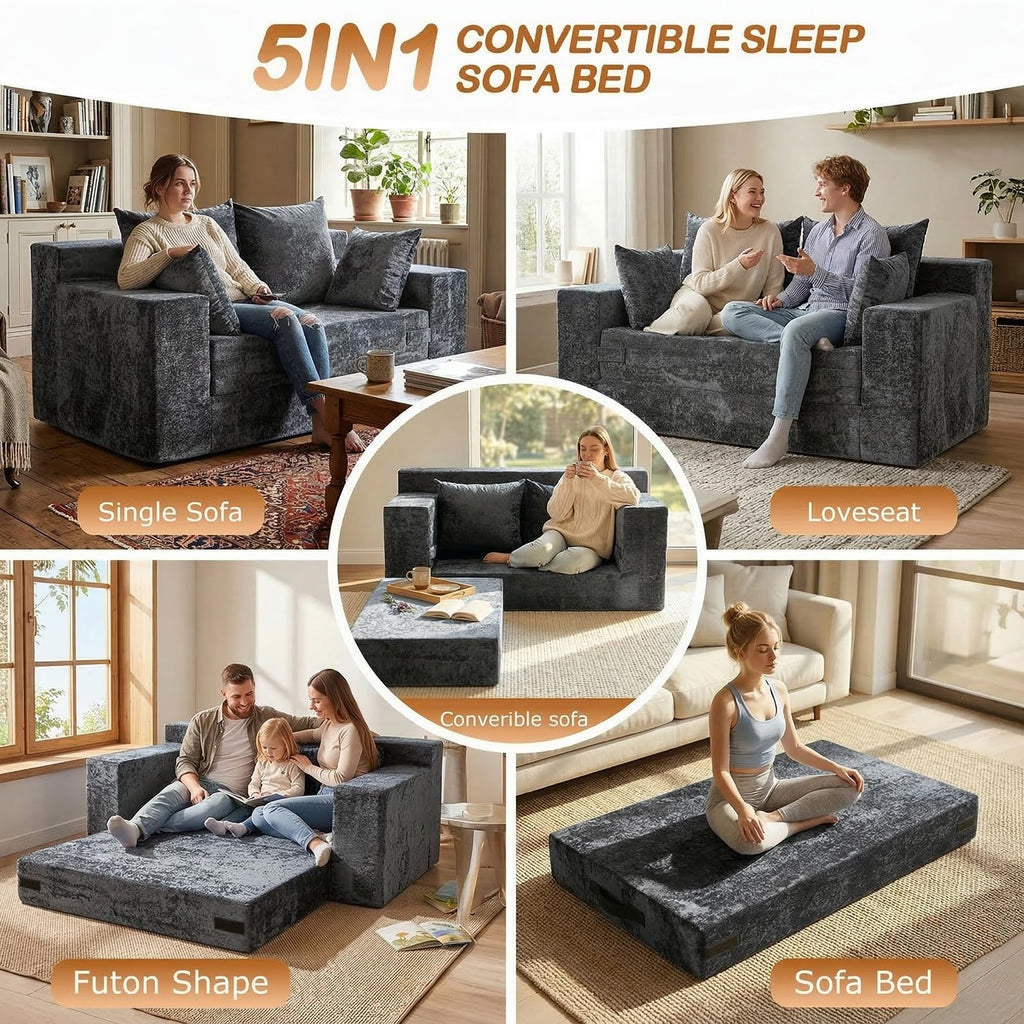 Loveseat Sofa Bed, Convertible Silky Velvet 5-in-1 Foldable Boneless Sleeper Couch, Pull Out Floor Futon Sofa with 4 Pillows, No Assembly Multi-Functional Sofa for Living Room Bedroom Small Apartment