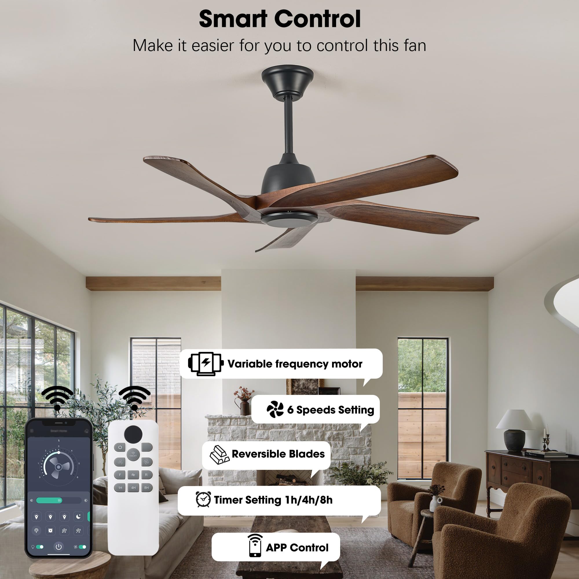 LVYEAYOU 52 Inch Solid Wood Ceiling Fan No Lights, Remote and APP Control, DC Motor, 6-speed Reversible, for Bedroom, Living Room, Office, Dark Walnut
