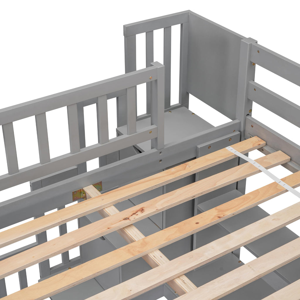 Bellemave Full Size Loft Bed with Desk and Storage Shelves,Wood Loft Bed Frame with Storage Staircase,High Loft Bed Full for Kids,Teens, Adults,Grey