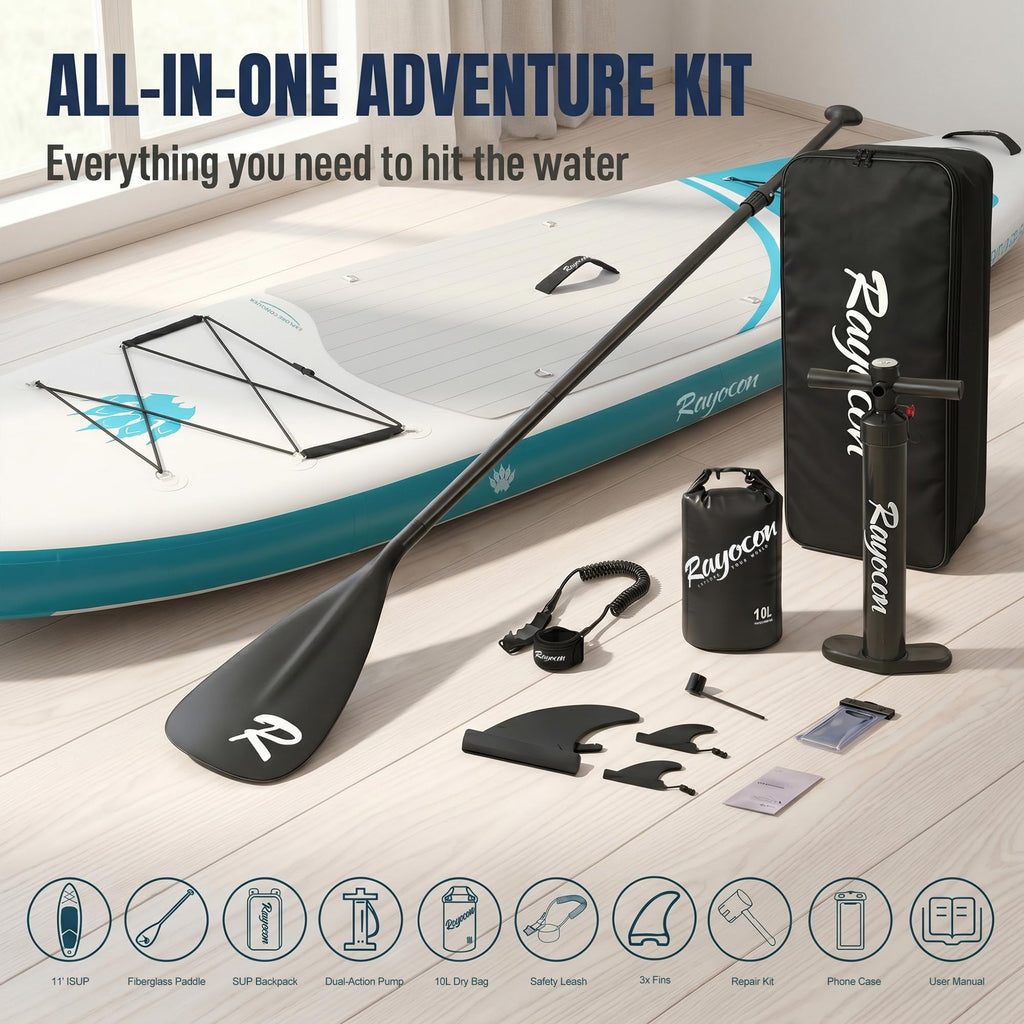 Inflatable Stand Up Paddle Board 11'×34" Extra Wide SUP, Ultra-Stable for Adults & Dog, 450lbs, Dual Chamber Pump, Fiberglass Paddle, Military Grade Dual Layer, Wild Bear Claw Polar Design Green
