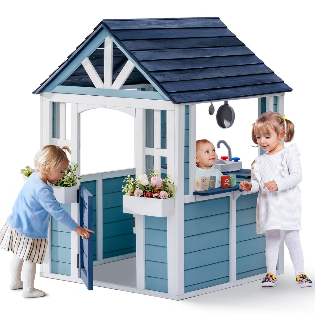 ROBUD Outdoor Playhouse, Wooden Play House for Kids Outdoor with Snack Bar, Flowerpot Holders, Sink, Stove, Cookware, Outdoor playset for Kids Ages 3+