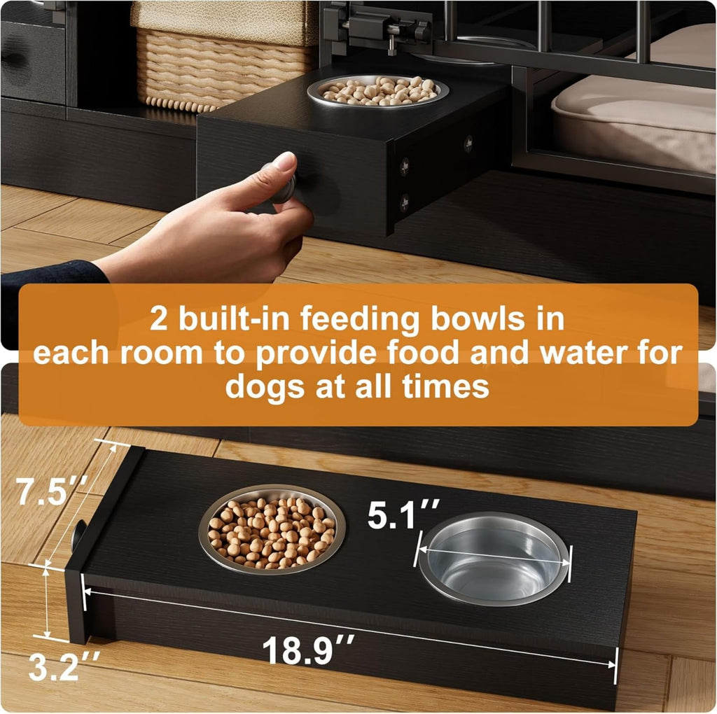 GAOMON Dog Crate Furniture for 2 Dogs, 78.7'' Large Dog Kennel Indoor with 2 Storage Drawers, 3 Shelves and Feeding Bowls, Double Dog Crate TV Stand for Small and Medium Dogs, Black