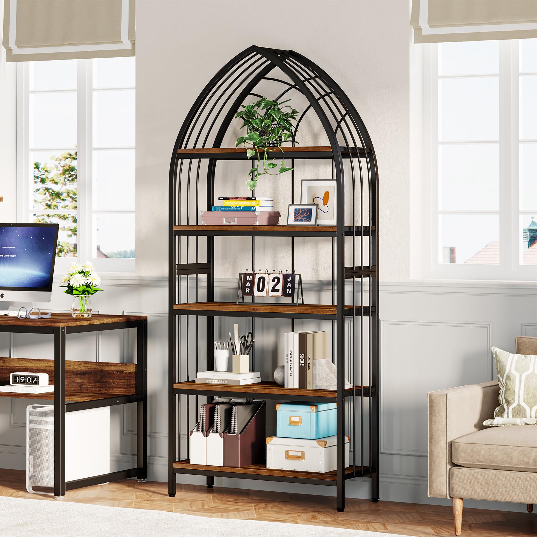 Tribesigns 5-Tier Bookshelf, 74.8-Inch Tall Bookshelf, Industrial Curved Freestanding Display Shelf, Wood Storage Shelves with Metal Frame for Home Office (2, Rustic Brown & Black)