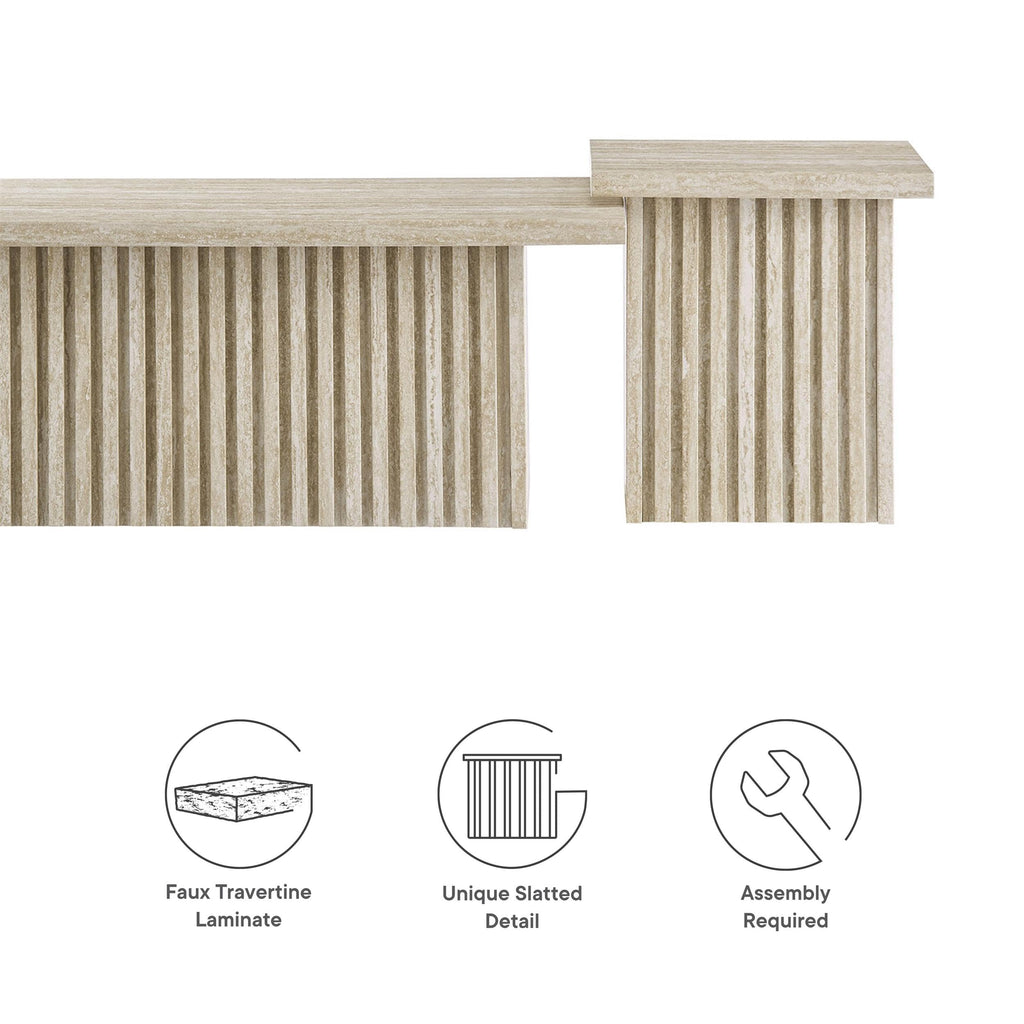 Modway Render Faux Travertine Slatted Nesting Coffee Table Set in Travertine - 2 Piece Low Profile Coffee Table Mid Century Modern - Abstract Coffee Tables for Living Room - Nested Accent Tables