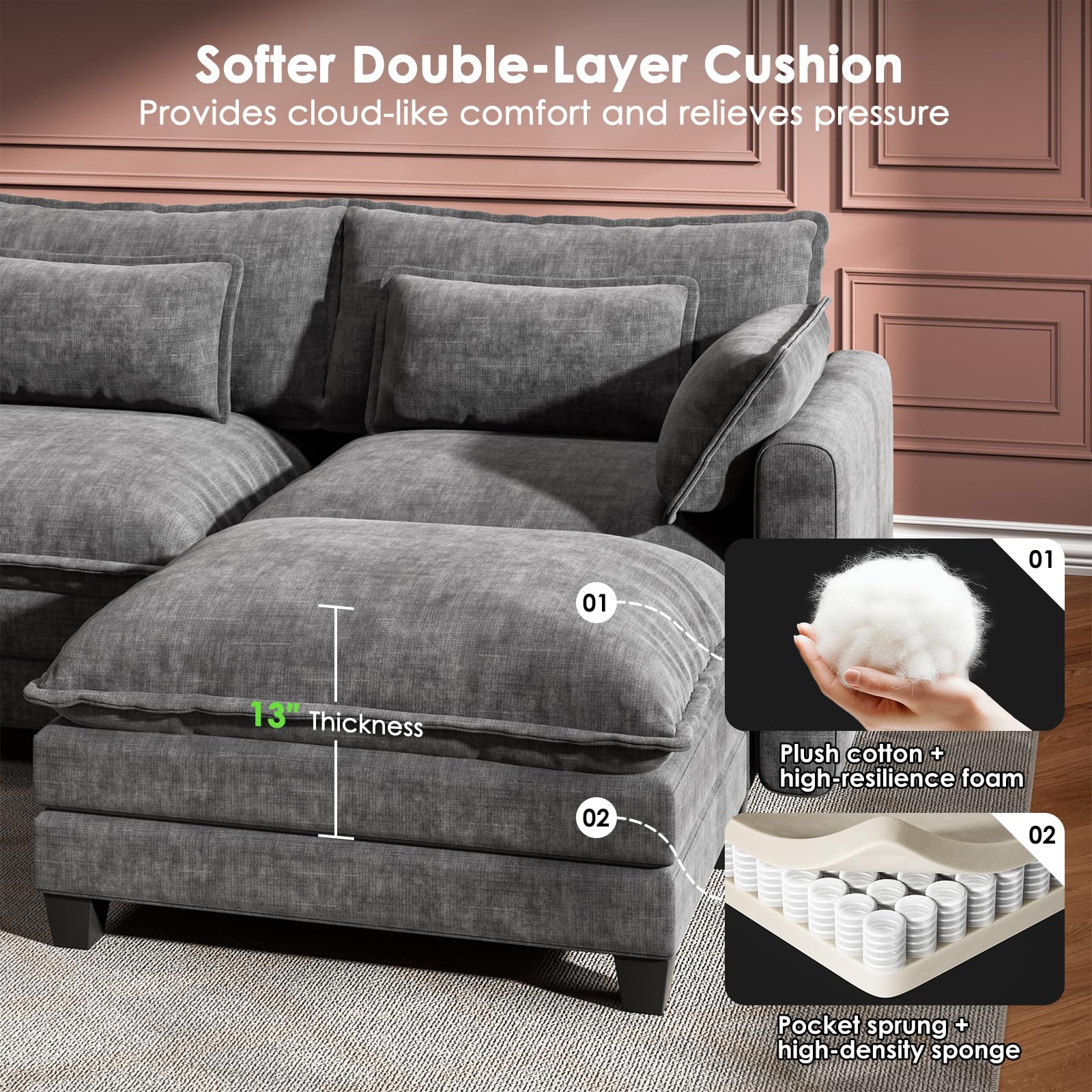 Marsail Modular Sectional Sofa 145.6" U-Shaped Modern Comfy Cloud Couch, 6-Seat Chenille Deep Seat Sofa with Throw Pillow & Movable Ottoman for Living Room, Bedroom and Apartment, Grey