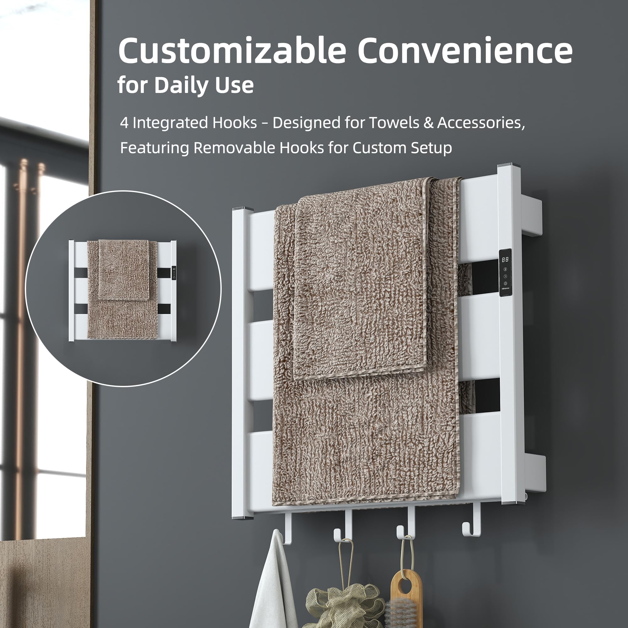 K&KALONZO Towel Warmer for Bathroom, Wall-Mounted Heated Towel Rack with Built-in Timer, Waterproof Alumnimum Electric Towel Heater, Support Plug-in and Hardwired, White, H4-W