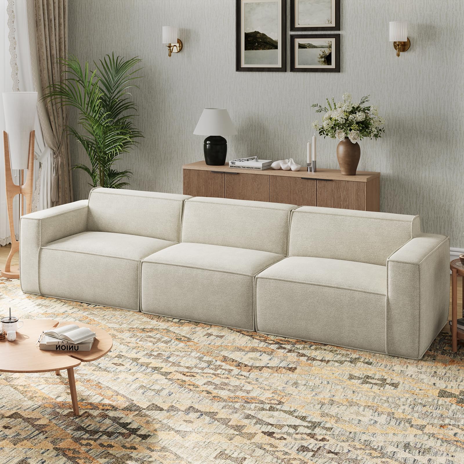 Novilla 117.7" Modular Sectional Sofa, No Assembly Cloud Sectional Couch with Smarts Coil® Support, Chenille Fabric Sectional Sofa, Deep Seat Boneless Couch for Living Room Apartment, Beige (3 seat)