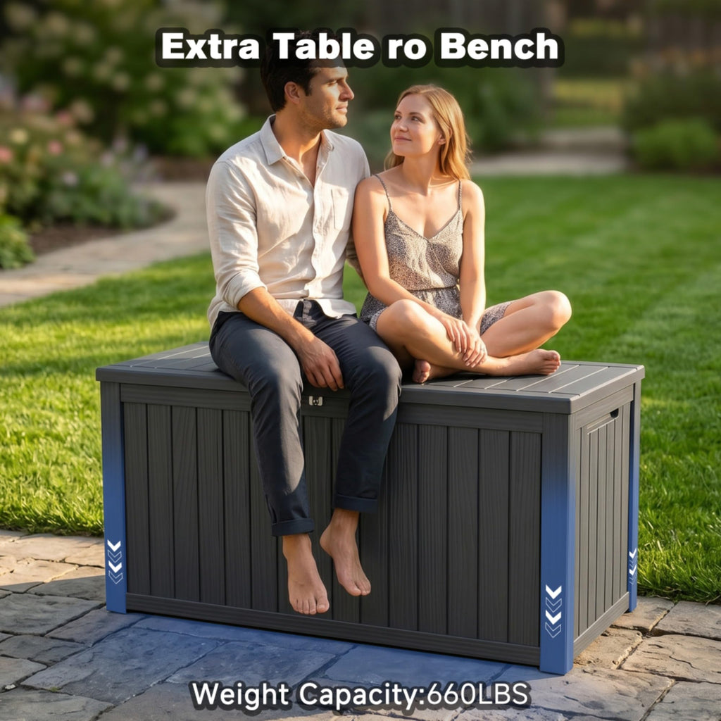 Large Outdoor Storage Deck Box, Resin Patio Container with Lockable Lid, Hydraulic Lift, Wood Texture Panels, Bench Table Function for Cushions Garden Tools Pool Gear Sports Equipment (180 Gallon)