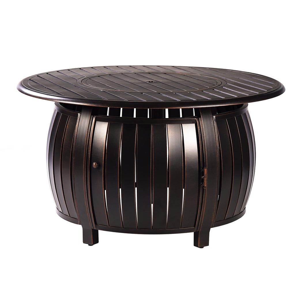 Oakland Living Aluminum 57,0000 BTU 44 in. Round Propane Black Fire Pit Table with Fire Beads, Lid, Propane Tank Cover and Table Fabric Covers in Copper Finish