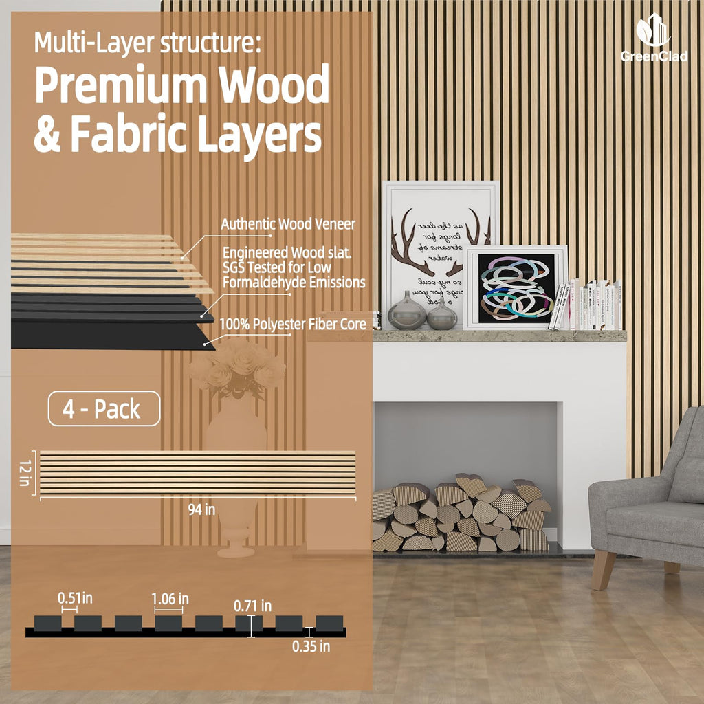 GreenClad Wood Slat Wall Panels for Wall, 4-Piece Acoustic Decorative Wood Panels for Interior Accent Walls, Sound Absorbing Wall Panels, 94" × 12.6" Each (White Oak)