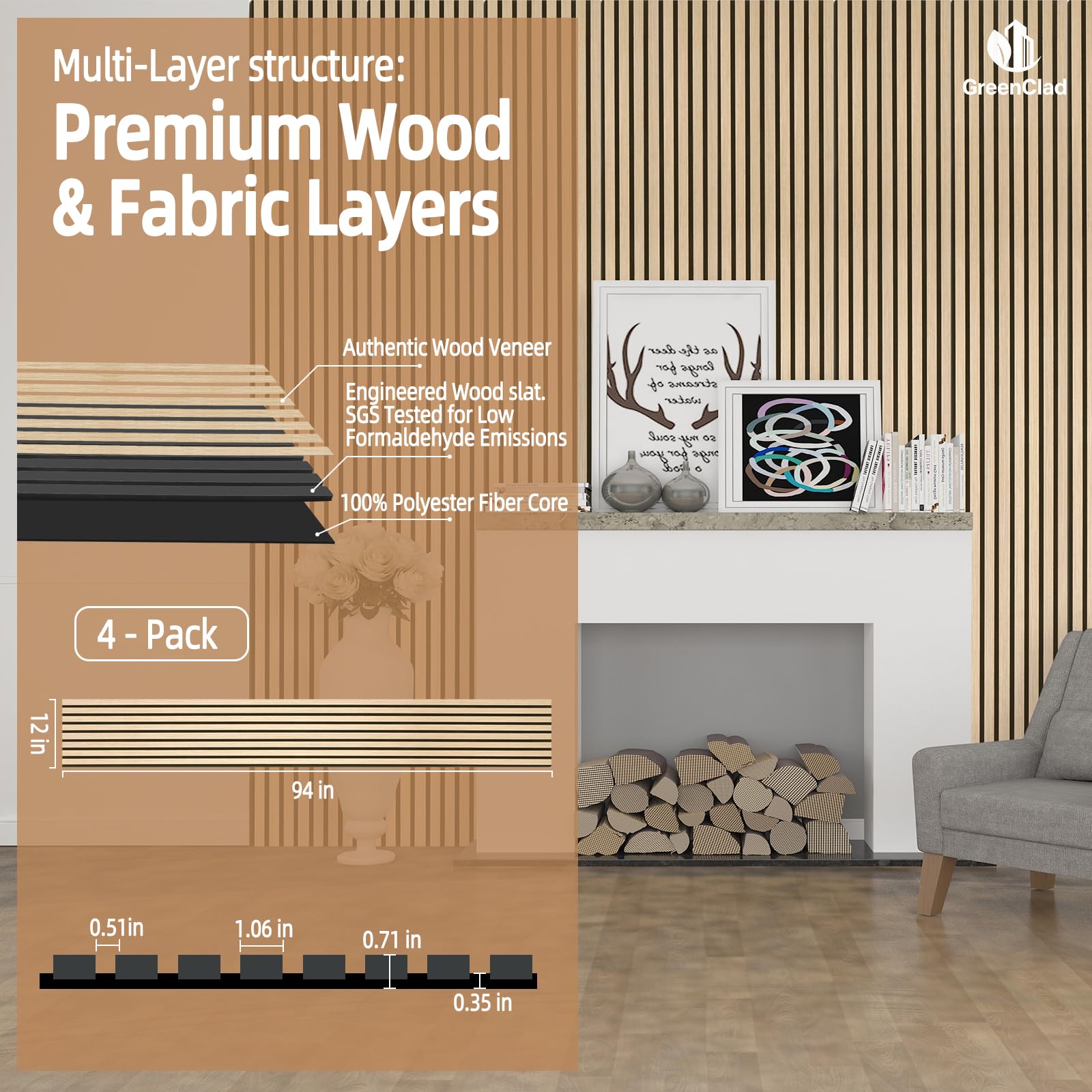 GreenClad Wood Slat Wall Panels for Wall, 4-Piece Acoustic Decorative Wood Panels for Interior Accent Walls, Sound Absorbing Wall Panels, 94" × 12.6" Each (White Oak)