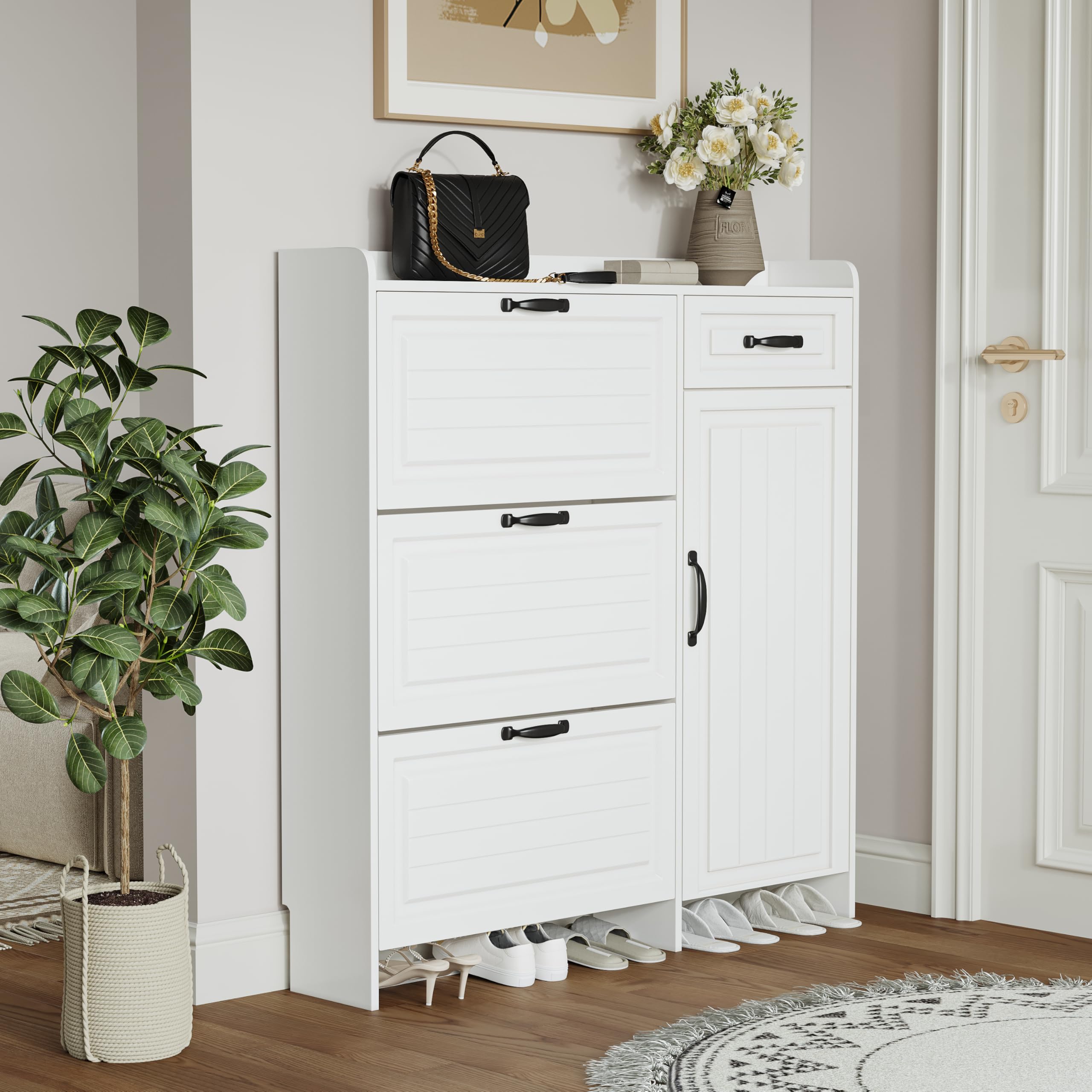 Ball & Cast Shoe Storage Cabinet with 3 Flip Drawers & 1 Drawer, Freestanding Hidden Shoe Organizer with Legs for Entryway, Narrow Shoe Rack Cabinet for Living Room,White
