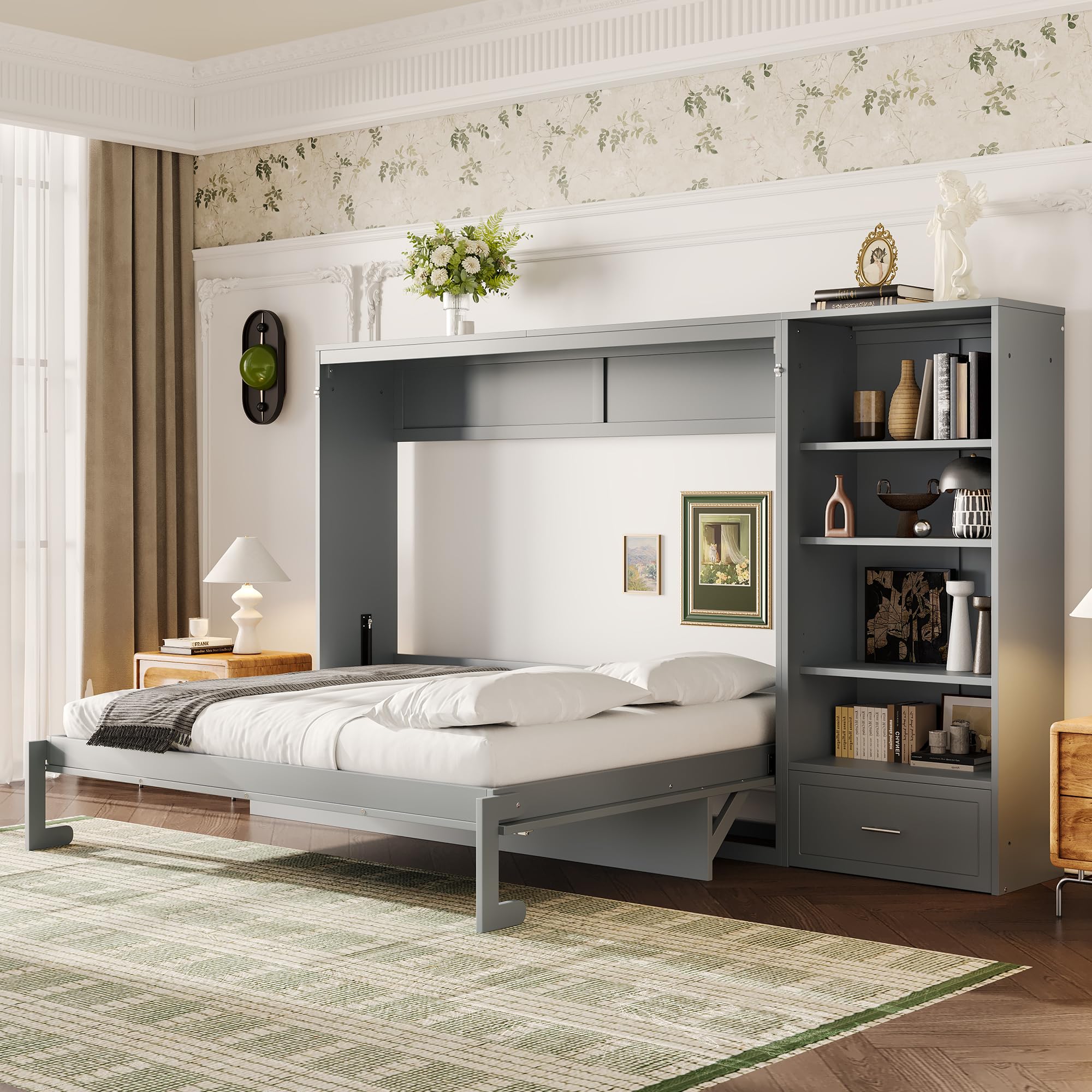 Merax Queen Murphy Bed with 3 Height Adjustable Storage Shelves & 1 Drawer, Wall Bed Frame Multifunctional Foldable Platform Bed for Small Space, Bedroom, Guest Room, Bear 500LBS (Gray)