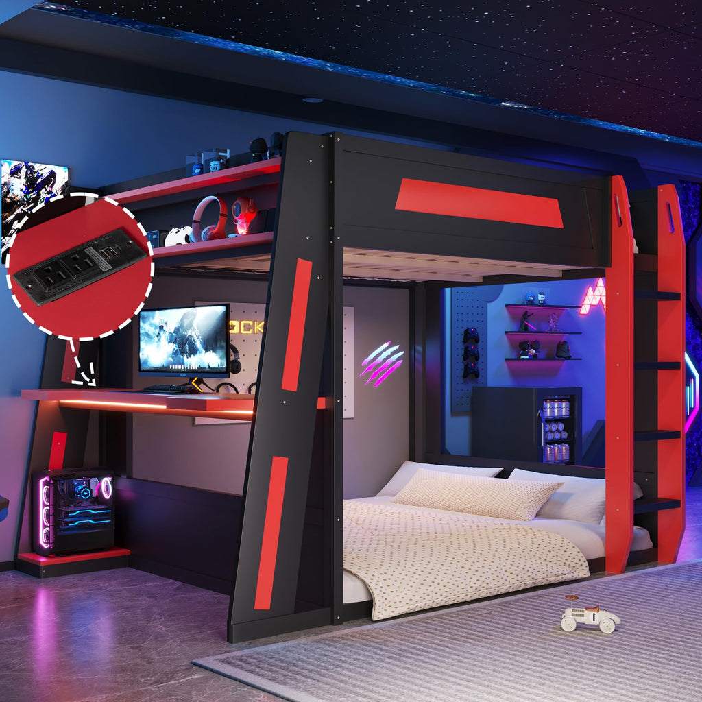 Merax Queen Over Queen Wooden Gaming Bunk Bed with Built-in Desk, LED Lights, USB Port, and 2 Storage Shelves, Solid Wood Gaming Loft Bed for for Bedroom, Black+Red