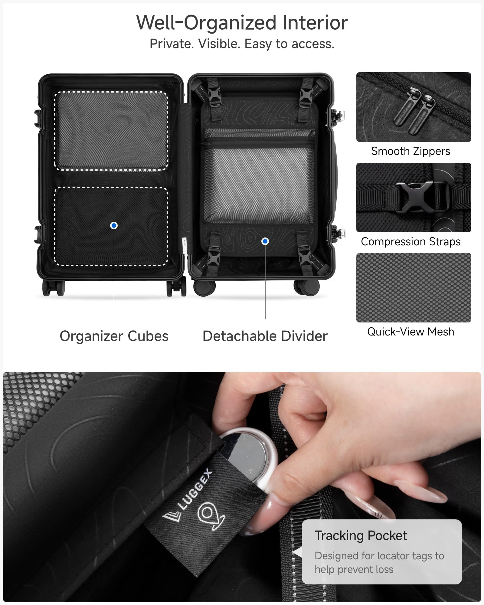 LUGGEX 21 Inch Zipperless Carry On Luggage - HUP Pro Front Opening Compartment Suitcase with Spinner Wheels, 38L Capacity, TSA Locks, Airline Approved for Business Travel(ZX-Pro, Black)